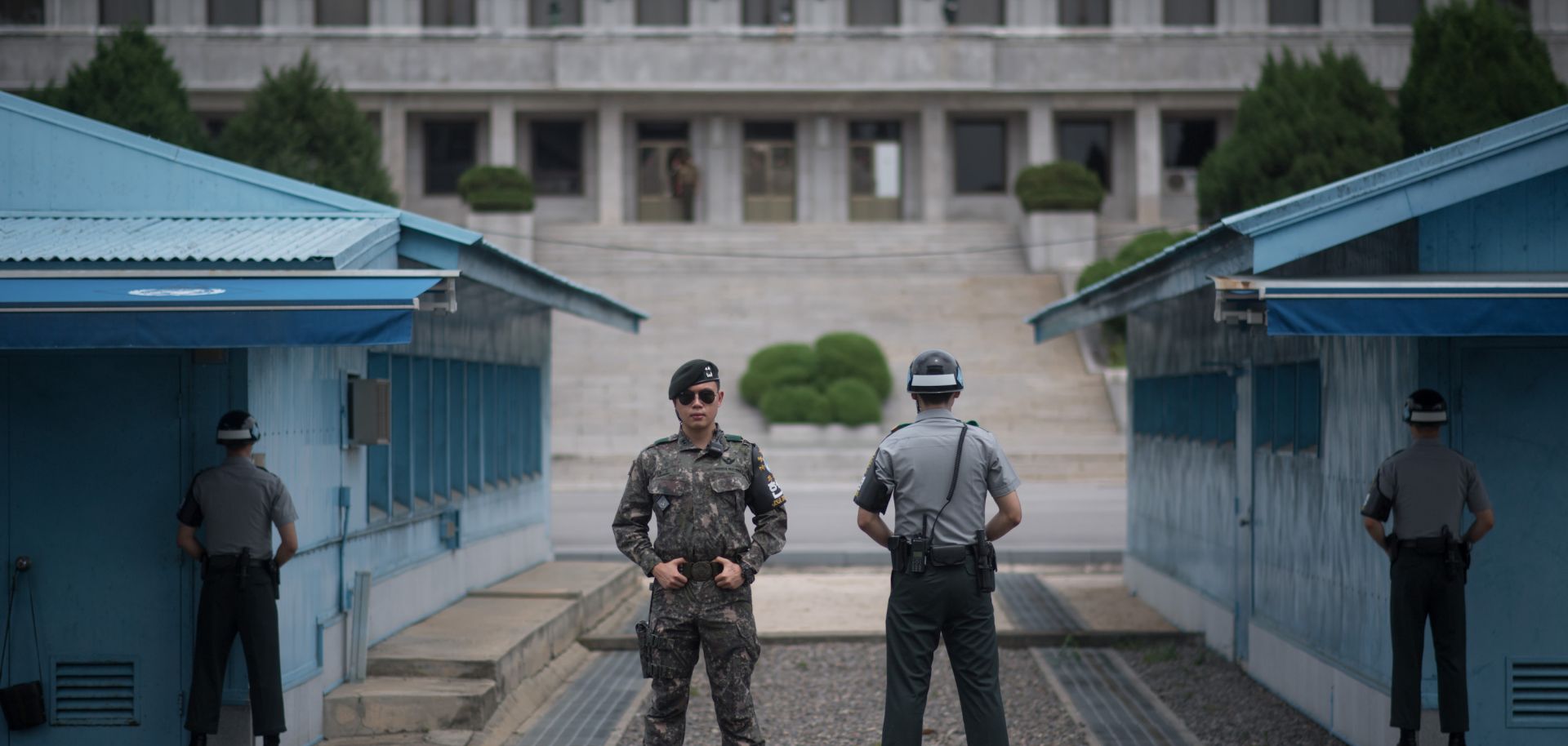 South Korean soldiers stand on duty at the Demilitarized Zone along the 38th parallel, the line distinguishing North Korea from South Korea.