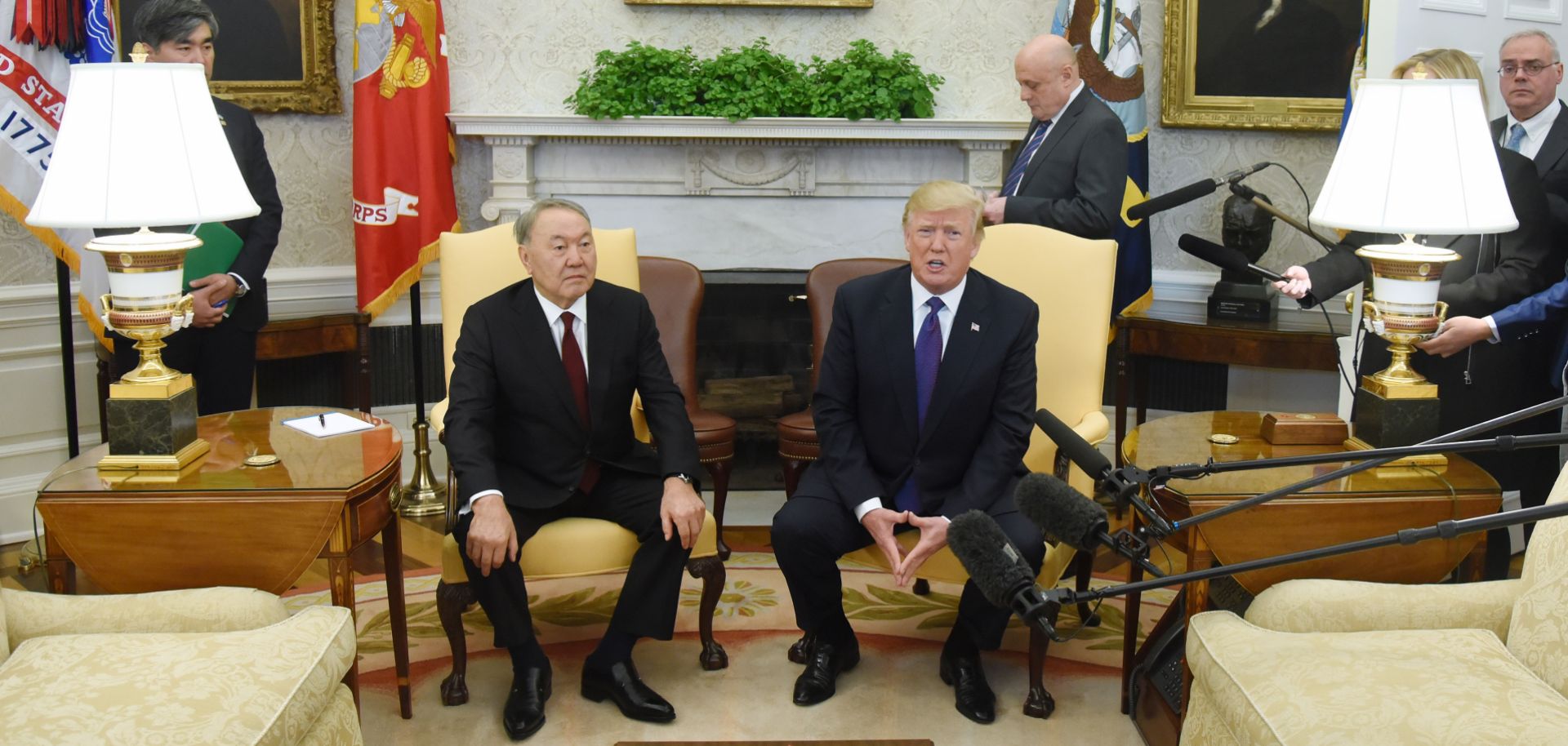 Kazakh President Nursultan Nazarbayev (left) meets with U.S. President Donald Trump during a visit to the White House on Jan. 16.