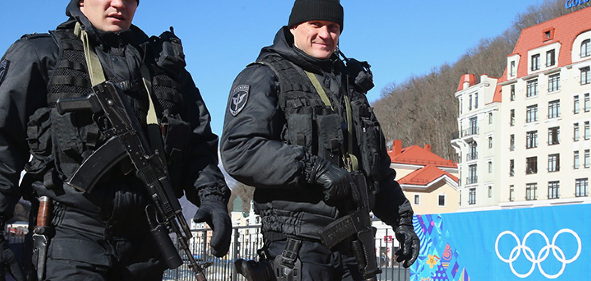 Police patrol around the Rosa Khutor Mountain Cluster village ahead of the 2014 Winter Olympics in Sochi, Russia. 