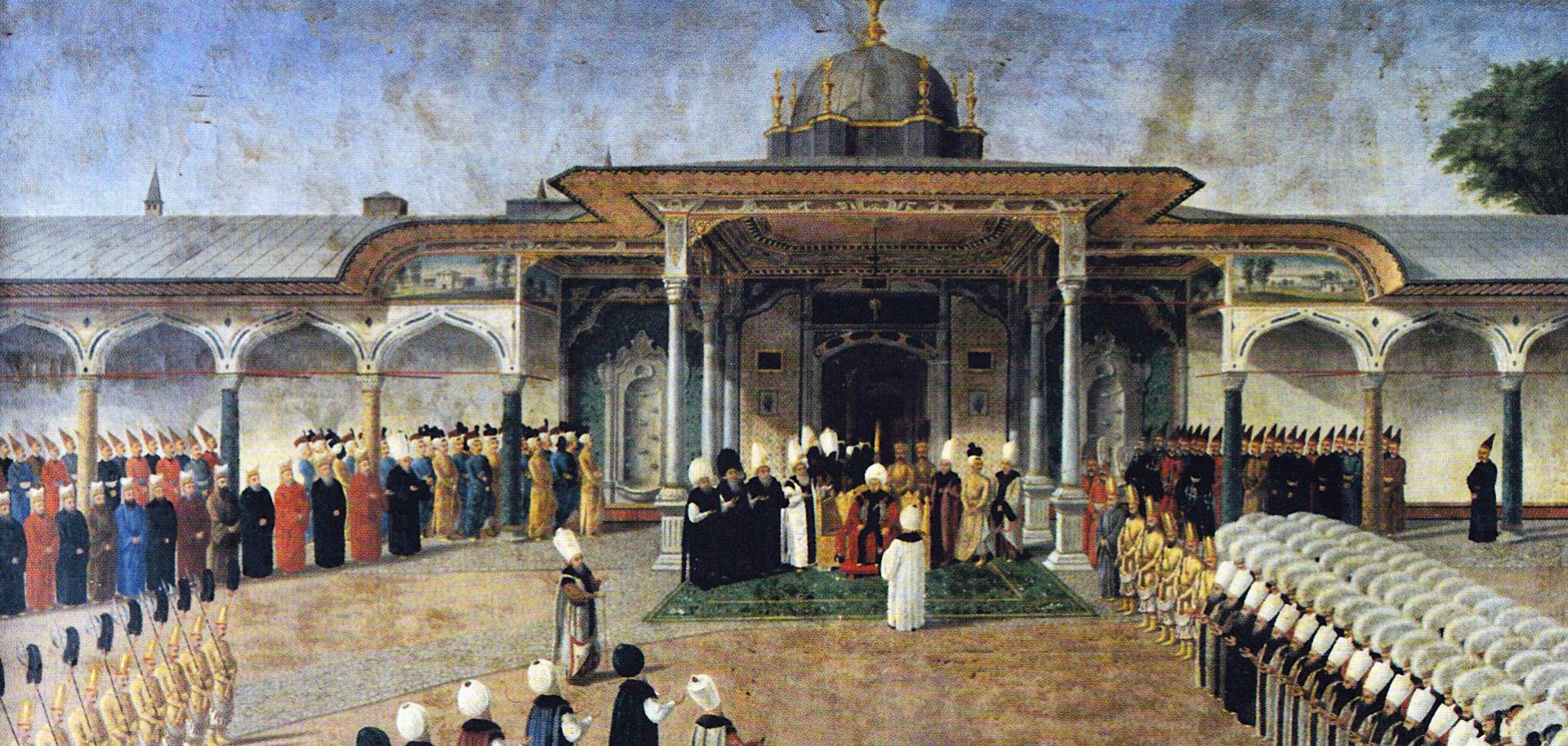 Selim III, the sultan of the Ottoman Empire in 1789-1807, holds court in front of the Gate of Felicity at Topkapi Palace in Istanbul.