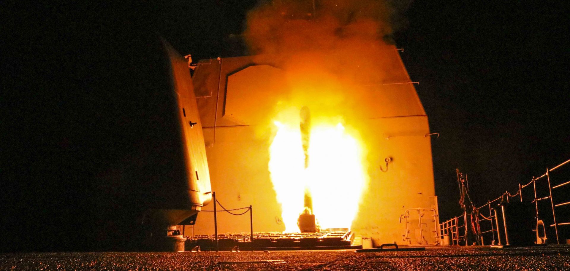 The guided-missile cruiser USS Monterey fires a Tomahawk land attack missile on April 13, 2018, against the Syrian government.