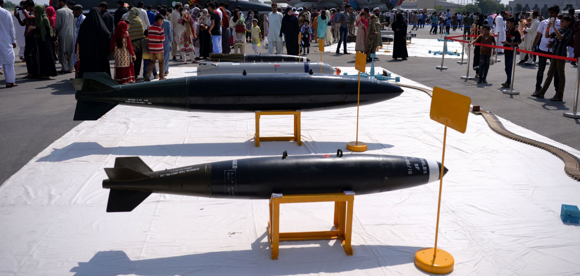 The Pakistani military displays some of its missiles at the Nur Khan air base on Sept. 6, 2017.