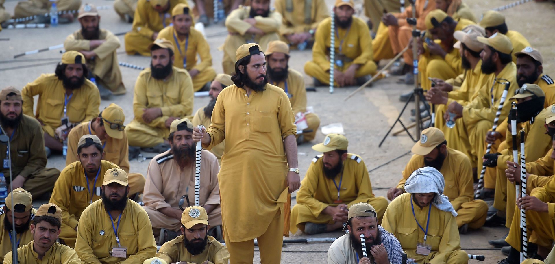 Supporters of the opposition Jamiat Ulema-i-Islam-Fazlur Rehman (JUI-F) party attend an anti-government rally in Islamabad on Nov. 5. JUI-F party leader Maulana Fazlur Rehman led thousands of supporters into the capital and vowed to continue his protest until Pakistani Prime Minister Imran Khan steps down.