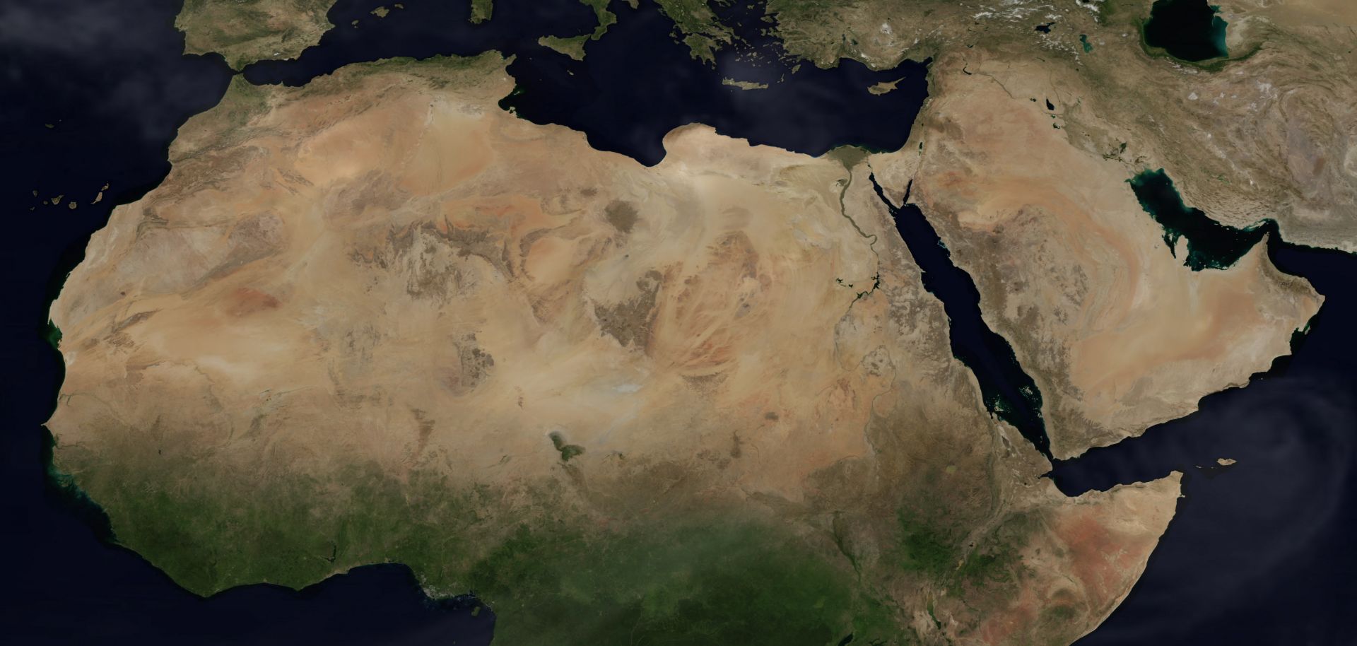 A satellite image of the Middle East and North Africa. 