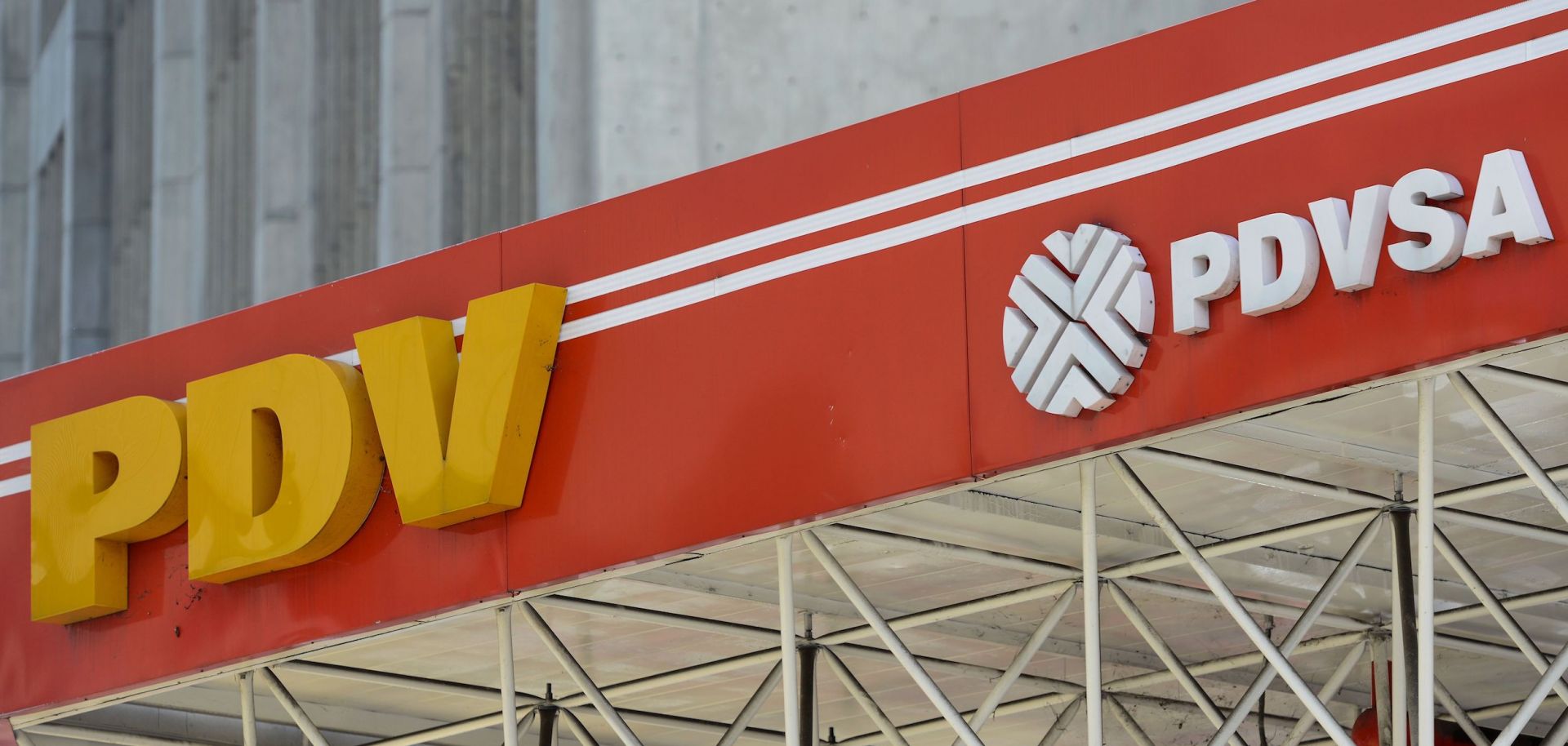 A photograph shows the logo of Venezuelan state-owned oil company PDVSA at a gas station in Caracas during November 2017.
