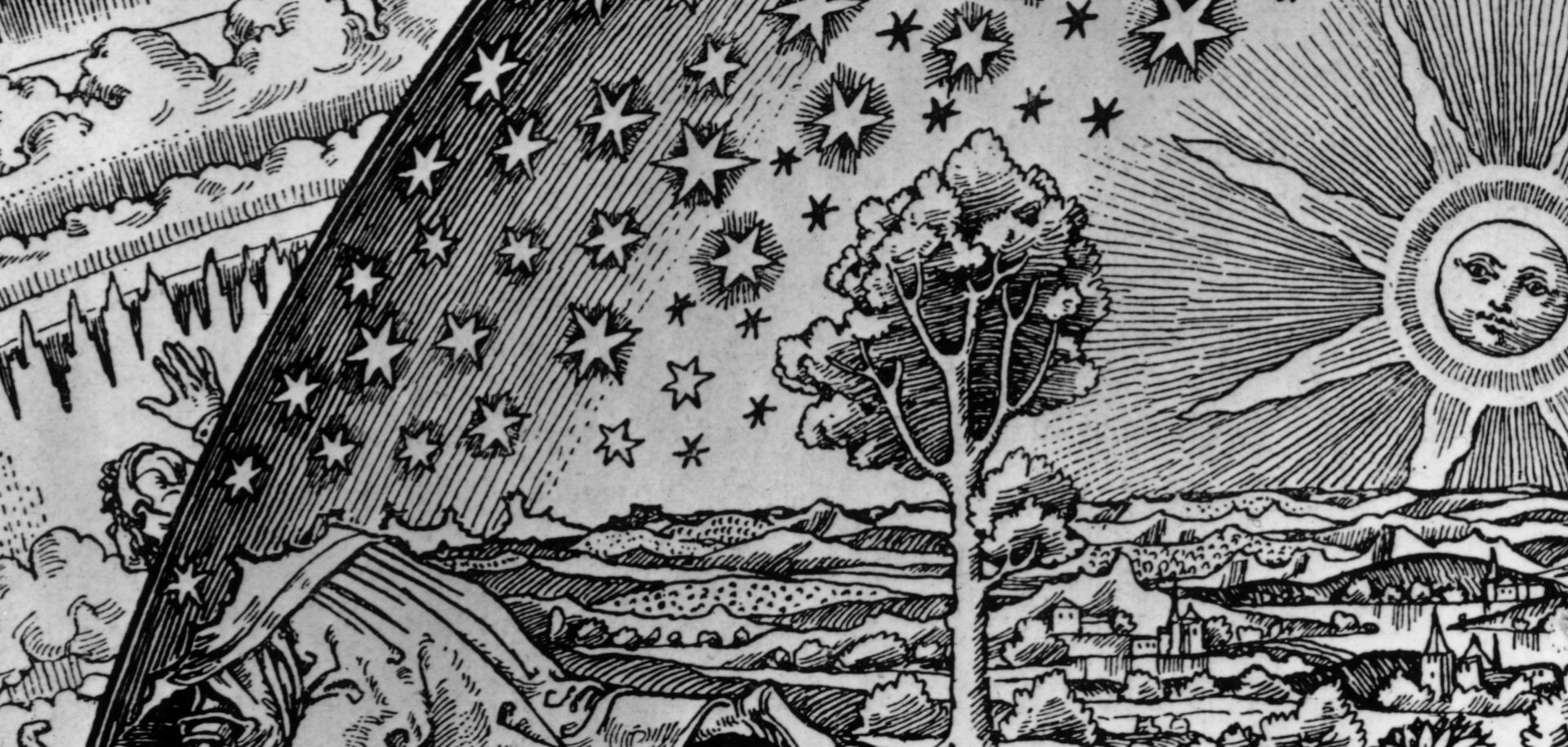 An illustration from a sixteenth-century German book on the cosmos depicts an old man penetrating the earth's firmament to see the workings of the universe beyond, circa 1550.