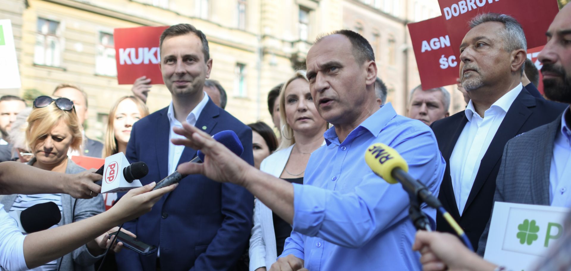 Pawel Kukiz, leader of Poland's Kukiz' 15 party, speaks to the press in Krakow on Sept. 4, 2019, about the Polish Coalition, an alliance between his party and the Polish People's Party formed to compete in Poland's general elections this fall.