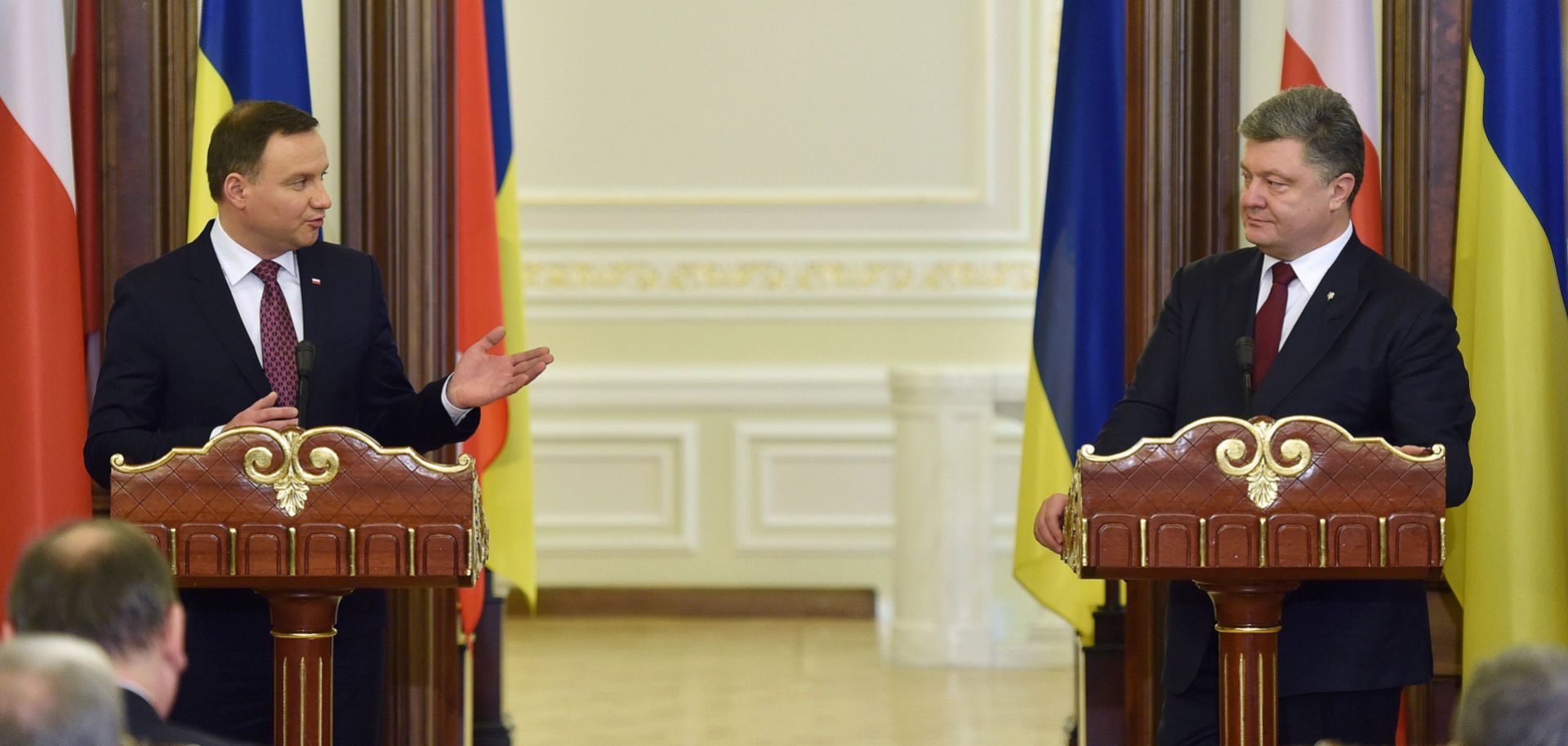 Ukrainian President Petro Poroshenko attends a joint press conference with Polish President Andrzej Duda in Kiev in December 2015.