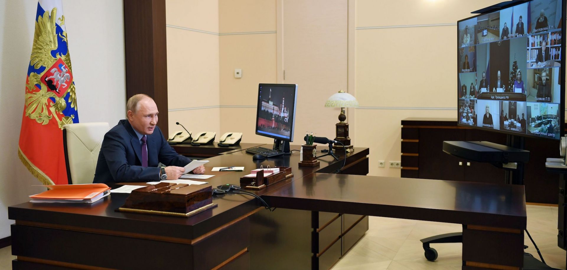 Russian President Vladimir Putin chairs a meeting of the Presidential Council for Civil Society and Human Rights via a video conference call Dec. 10, 2020, at the Novo-Ogaryovo state residence outside Moscow.