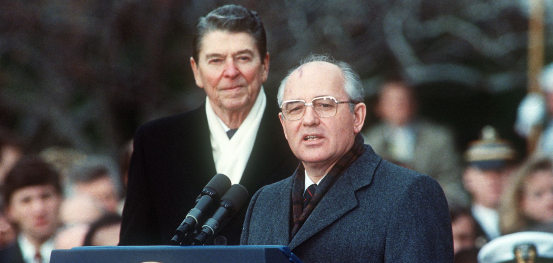 Soviet leader Mikhail Gorbachev speaks in front of U.S. President Ronald Reagan during a welcoming ceremony at the White House on the first day of a disarmament summit on Dec. 8, 1987.