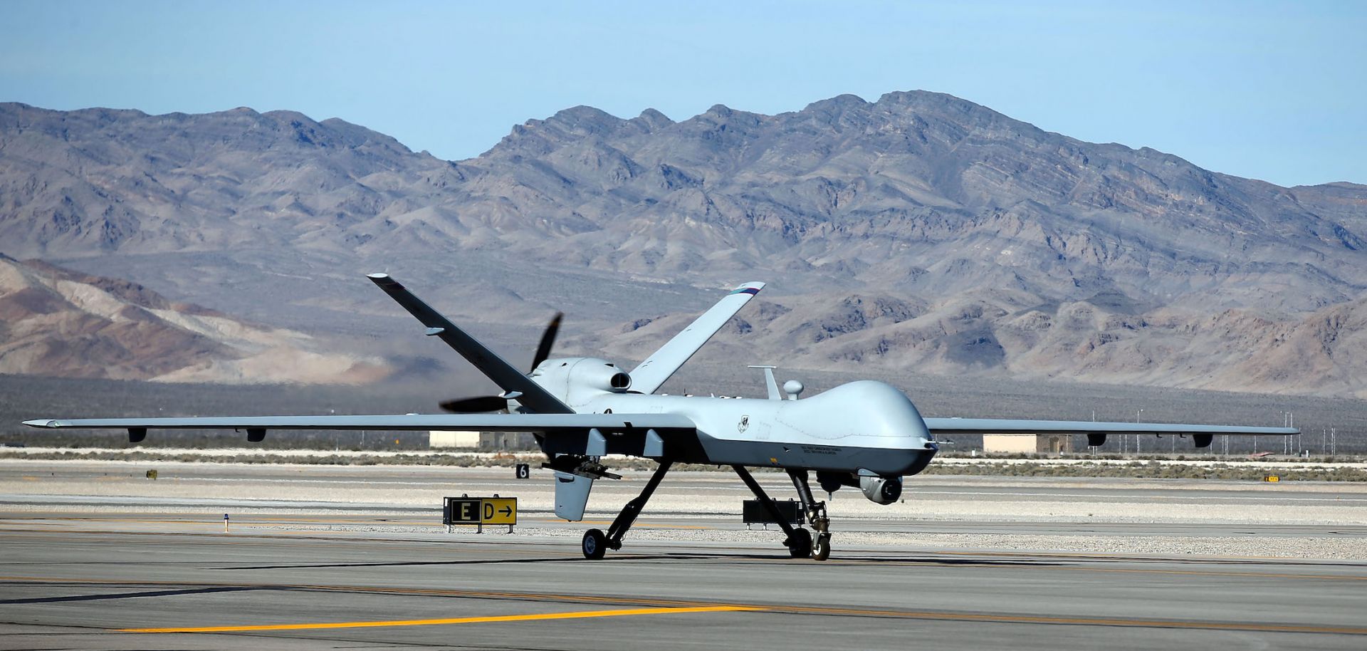 An MQ-9 Reaper remotely piloted aircraft taxis during a training mission on Nov. 17, 2015, in Indian Springs, Nevada. 