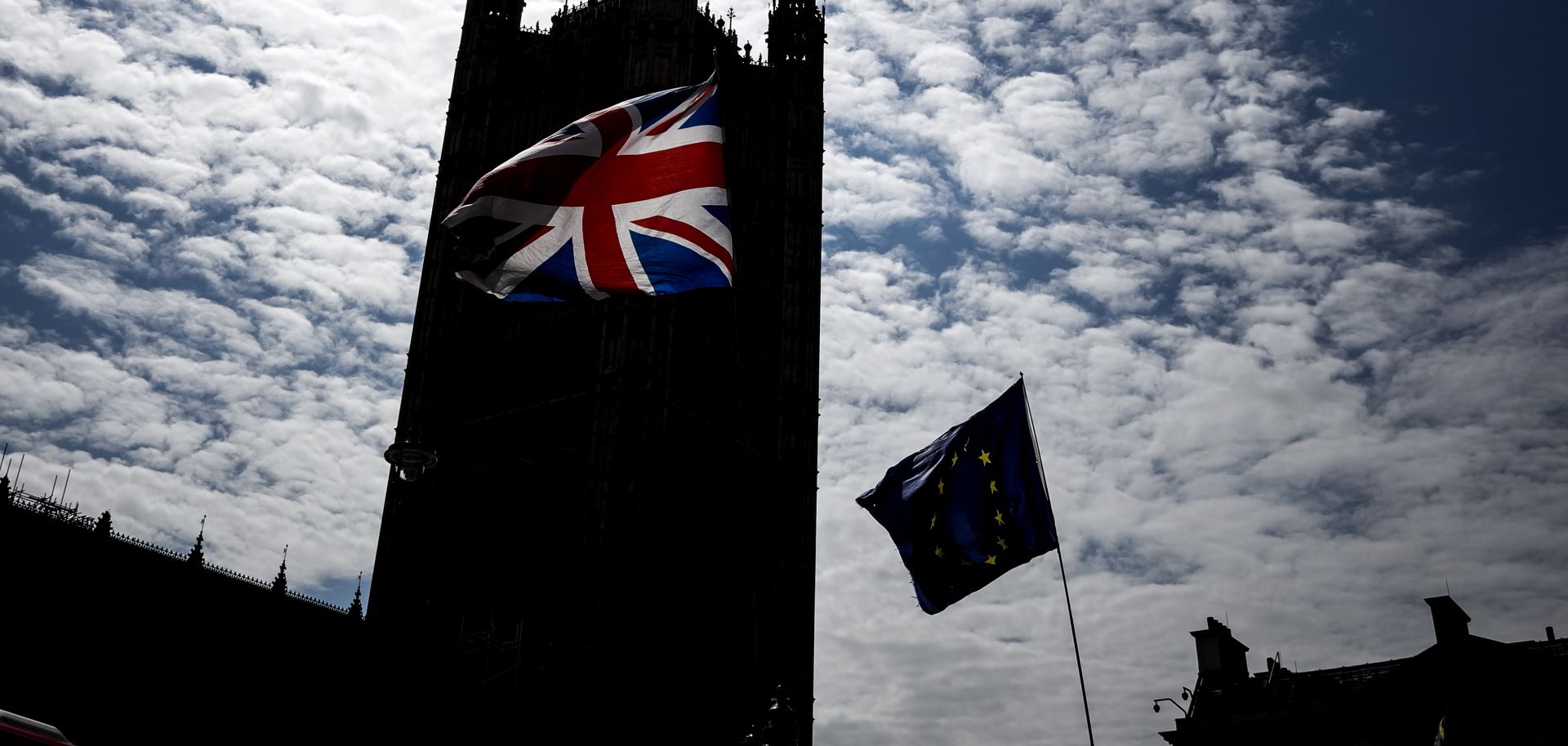 A Union Flag waves outside the Houses of Parliament in London on July 12, 2019.