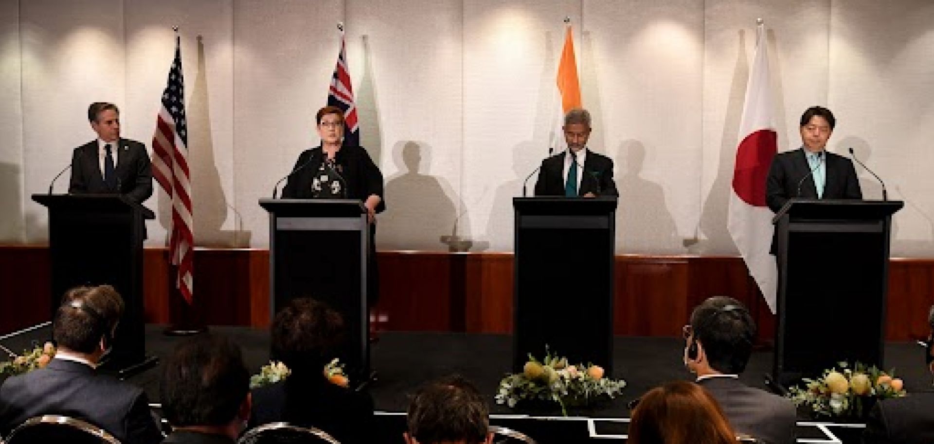 From left to right, the foreign ministers of the United States, Australia, India and Japan hold a press conference after a Quadrilateral Security Dialogue (Quad) meeting in Melbourne on Feb. 11, 2022.