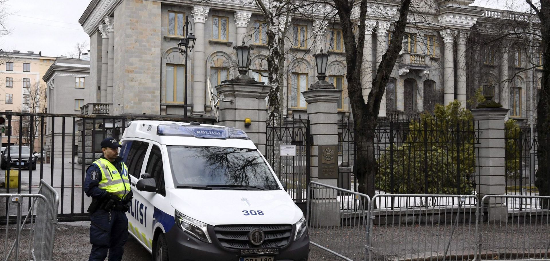 Police on April 8, 2022 guard the Russian Embassy in Helsinki, Finland. Amid the intense global media coverage of the military conflict in Ukraine, another battle is being waged largely in the shadows: Russia's spy network across Europe is being decimated. 