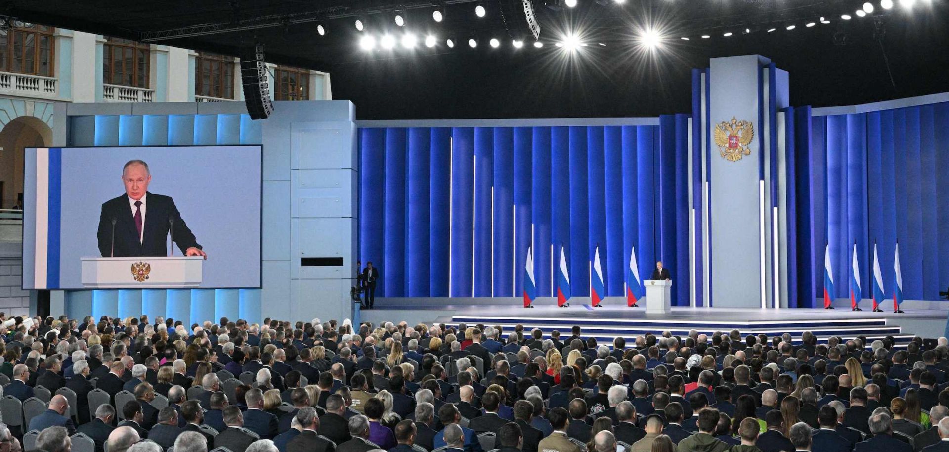 Russian President Vladimir Putin delivers his annual state of the nation address at the Gostiny Dvor conference center in Moscow, Russia, on Feb. 21, 2023. 
