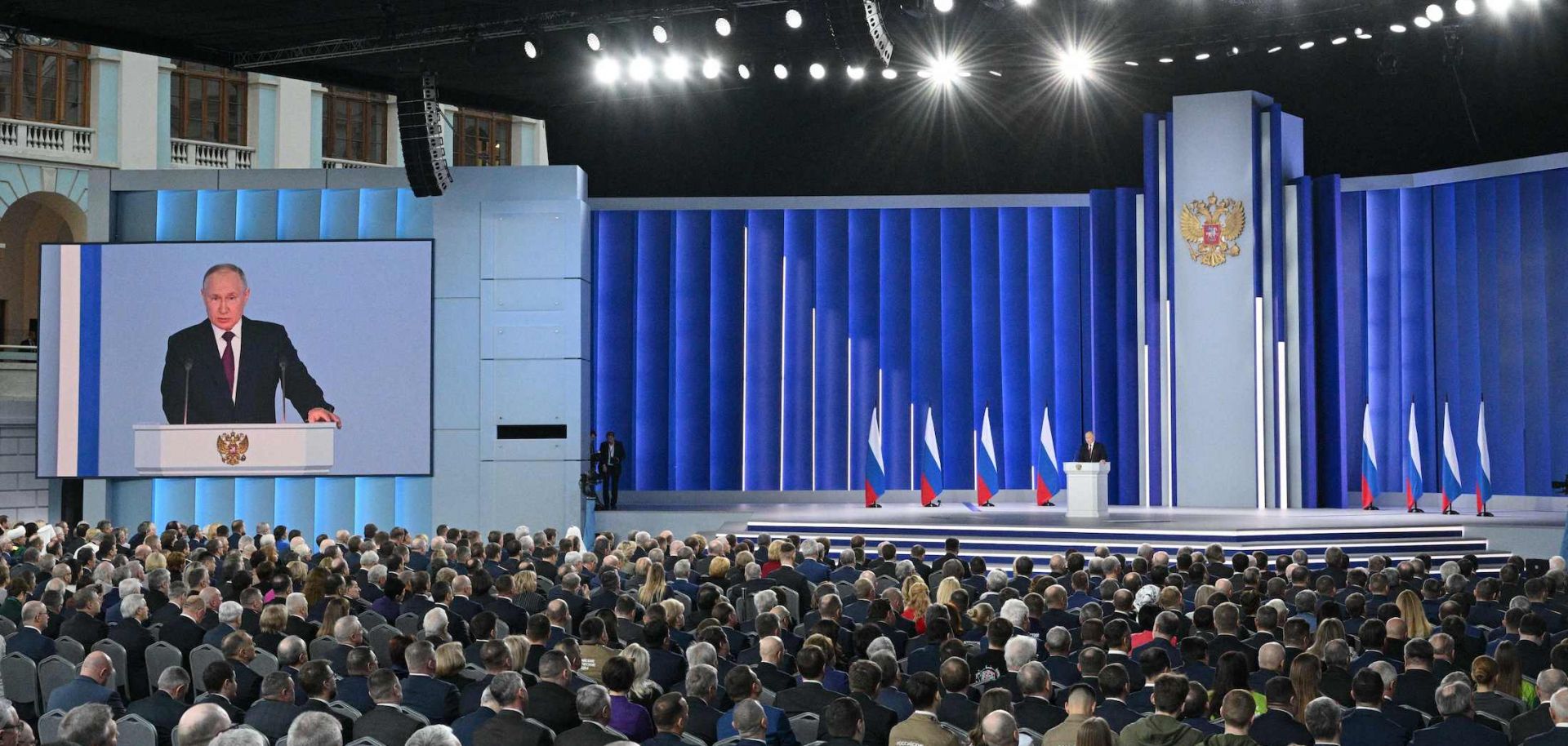 Russian President Vladimir Putin delivers his annual state of the nation address at the Gostiny Dvor conference center in Moscow, Russia, on Feb. 21, 2023.
