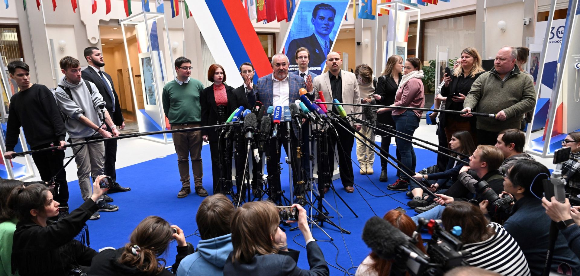 Boris Nadezhdin, the Civic Initiative Party presidential hopeful, speaks to journalists following a meeting at the Central Election Commission in Moscow on Feb. 8, 2024. 