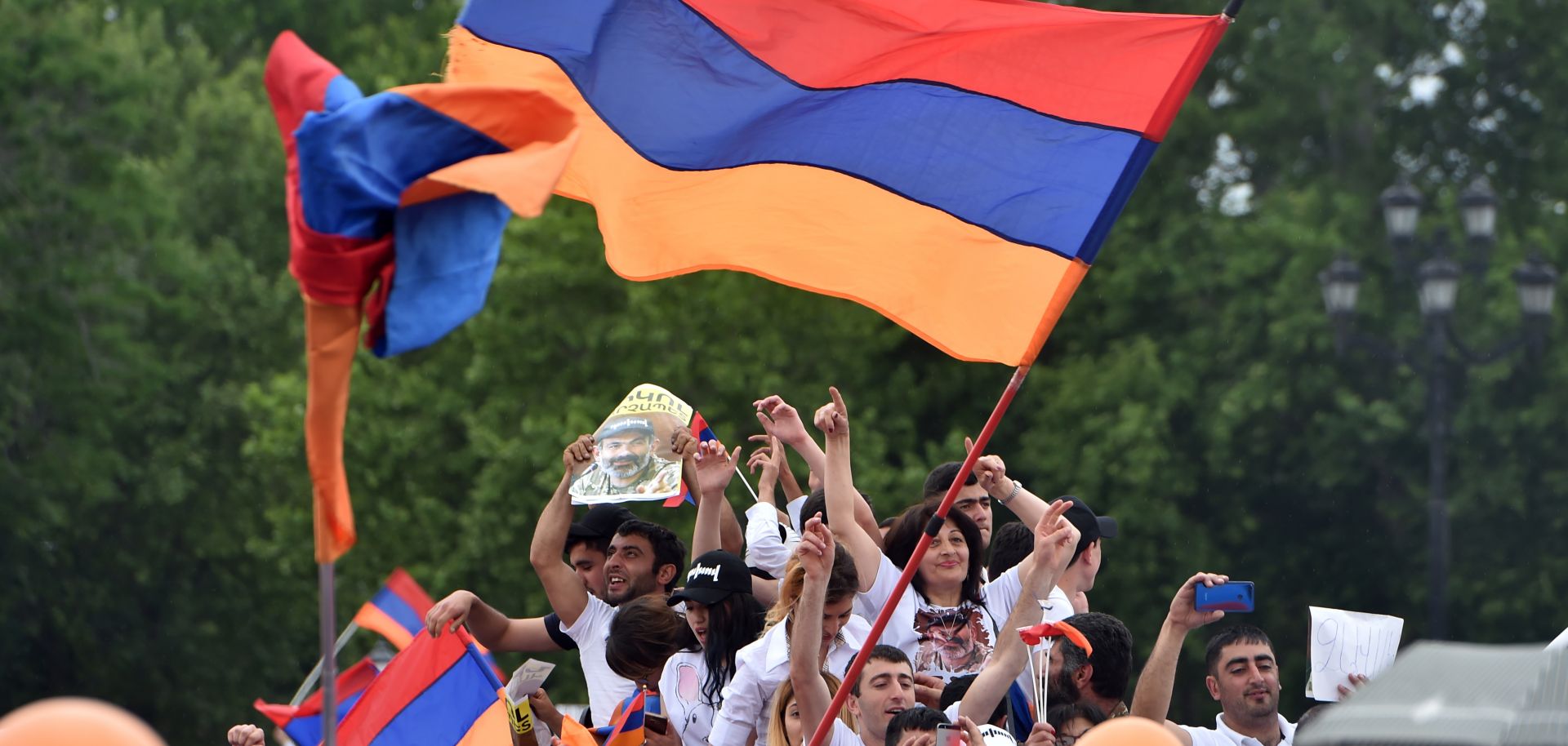 Supporters of Armenian Nikol Pashinian celebrate in Yerevan's Republic Square on May 8, 2018. Pashinian would go on to become prime minister.