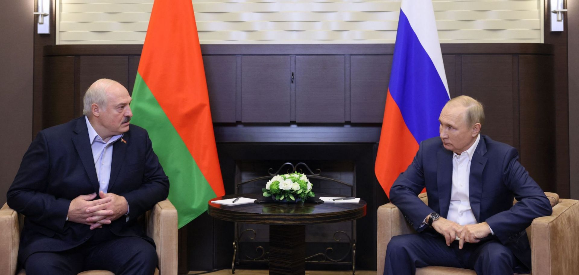 Russian President Vladimir Putin (right) meets with his Belarusian counterpart Alexander Lukashenko in Sochi, Russia, on Sept. 26, 2022. 