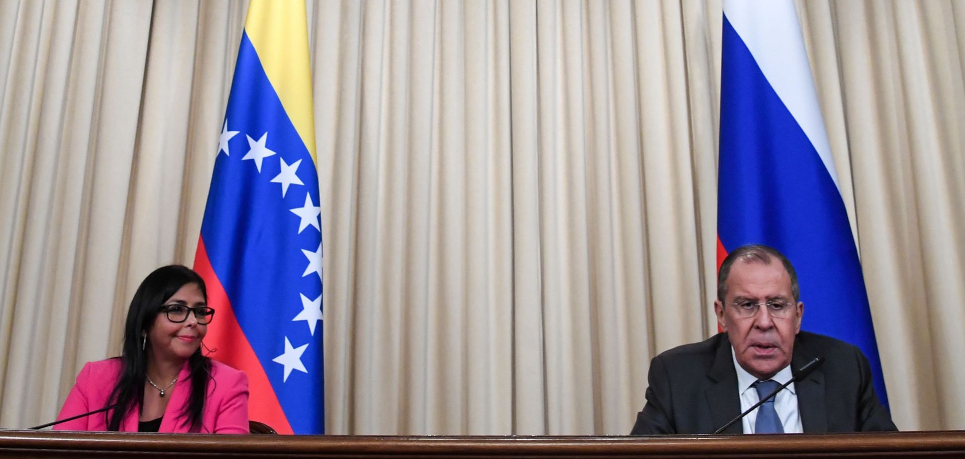 Russian Foreign Minister Sergei Lavrov (right) holds a joint press conference with Venezuelan Vice President Delcy Rodriguez following their meeting in Moscow on Mar. 1, 2019.