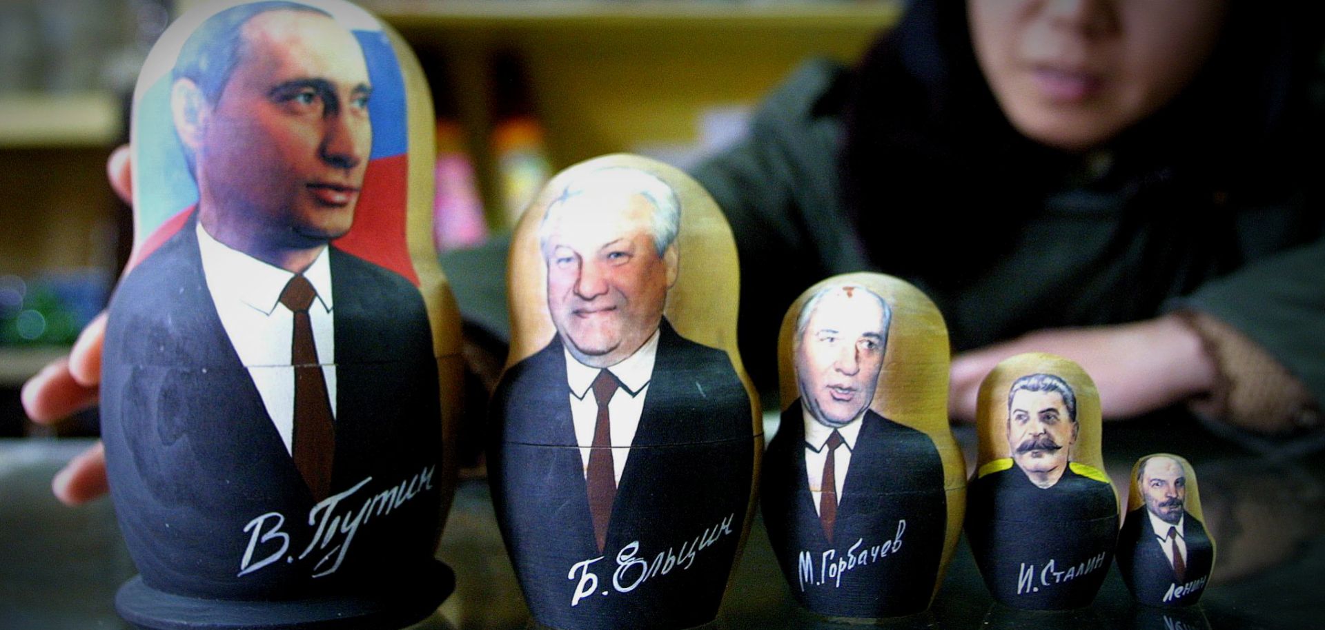 Russian President Vladimir Putin is the largest in a lineup of matryoshki, or nesting dolls, depicting Russian leaders past and present.