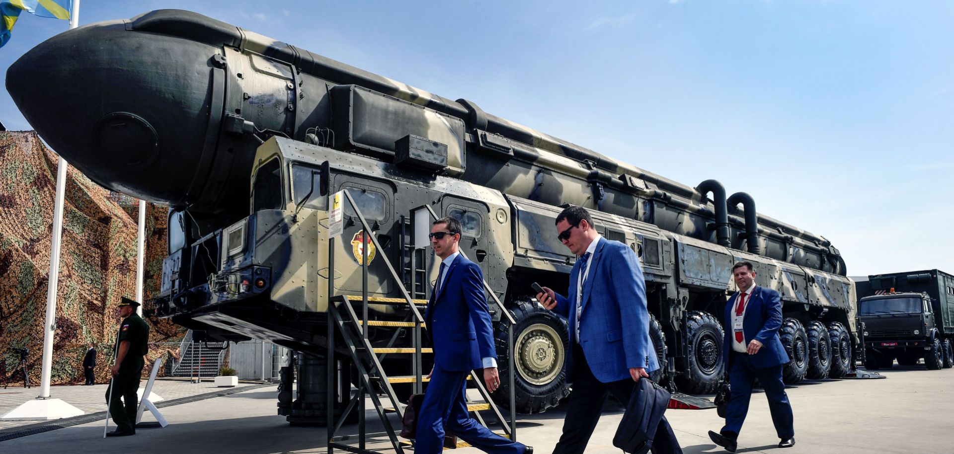 A Russian intercontinental ballistic missile stands on display at a park near Moscow.