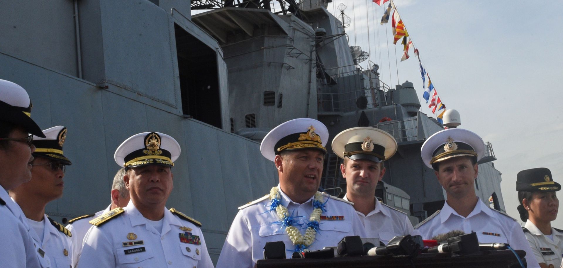 Rear Adm. Eduard Mikhailov, center, deputy commander of Russia's Pacific fleet, led a five-day visit of two Russian ships to the Philippines in January 2017.