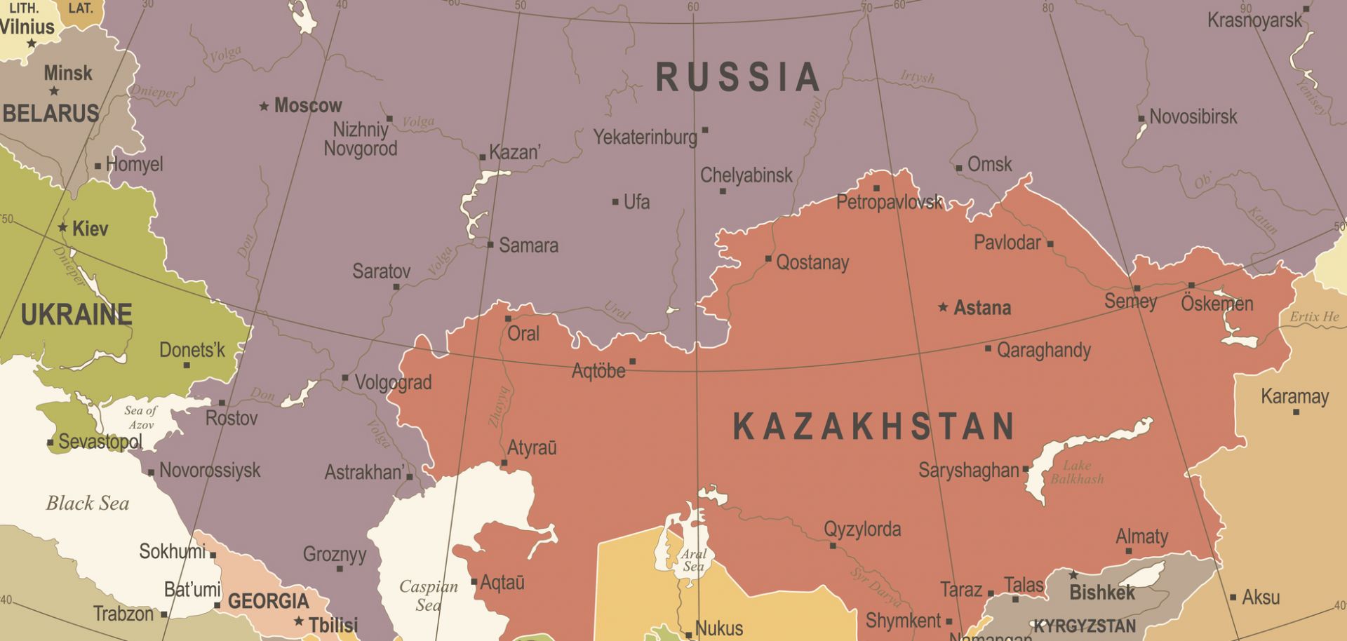 A vintage map shows some of the countries of Eurasia.