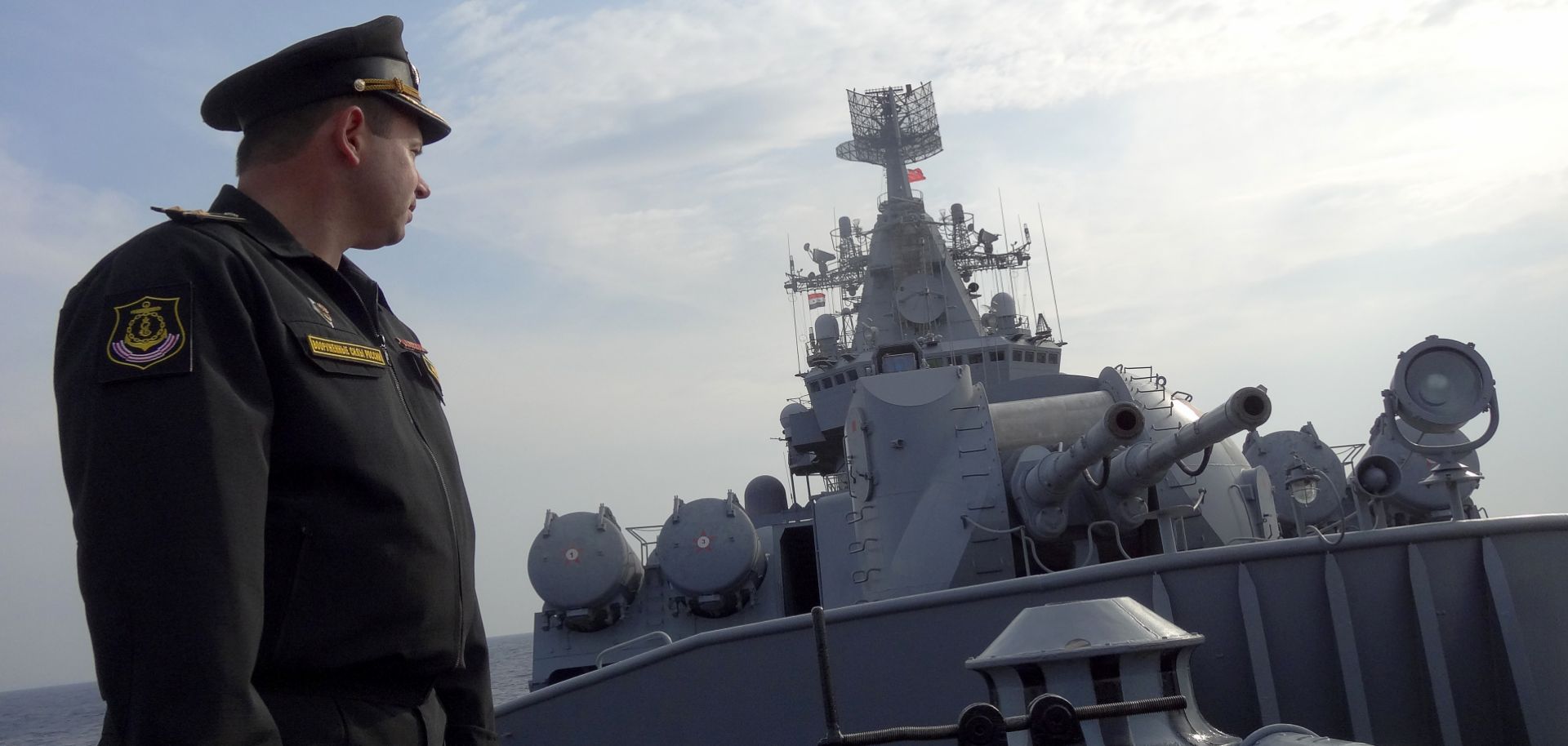 The Russian missile cruiser Moskva patrols off the coast of Syria in this December 2015 photo.