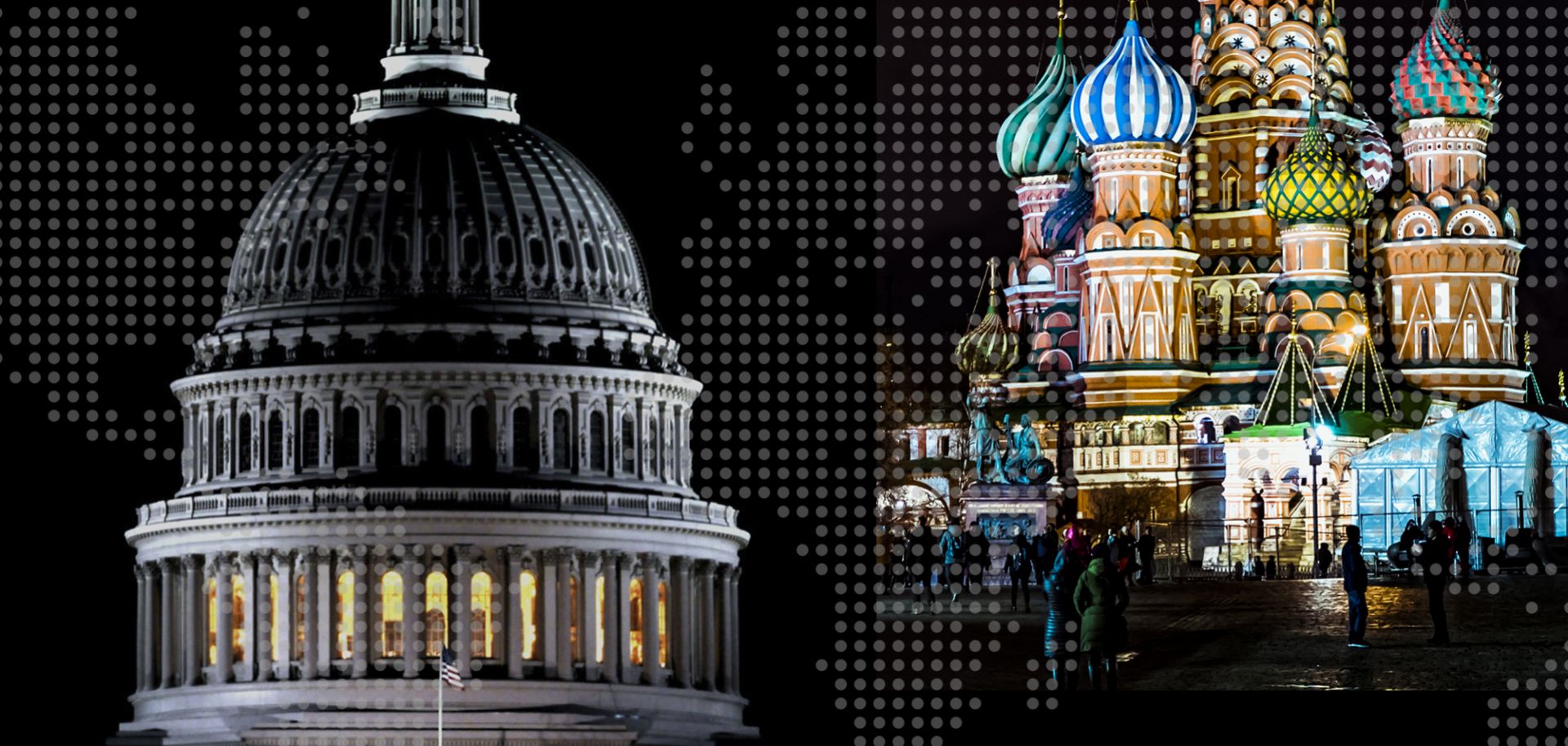 The U.S. Capitol and the Russian Kremlin, both photographed at night.