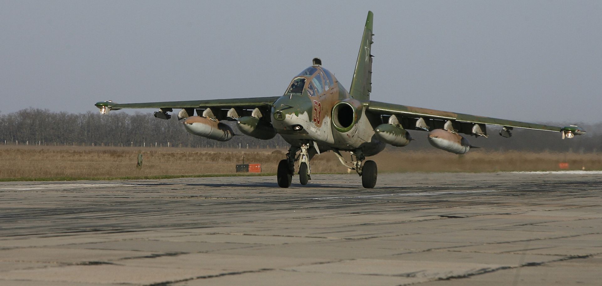 A Russian Su-25 ground attack aircraft lands at an airbase in Russia's Krasnodar region as part of Russia's withdrawal of armed forces from Syria.