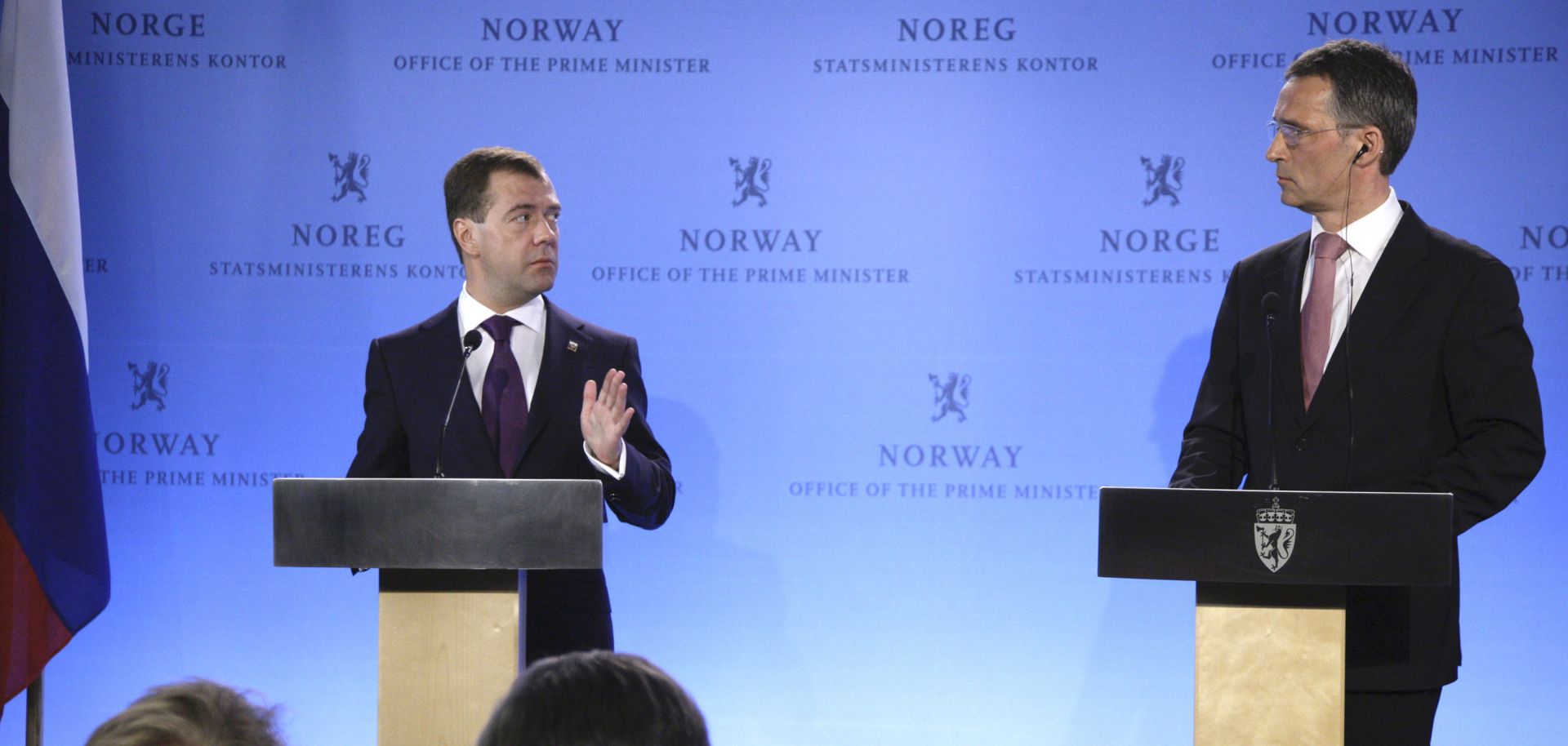 Russian President Dmitry Medvedev gestures while speaking during a press conference with Norwegian Prime Minister Jens Stoltenberg in Oslo.