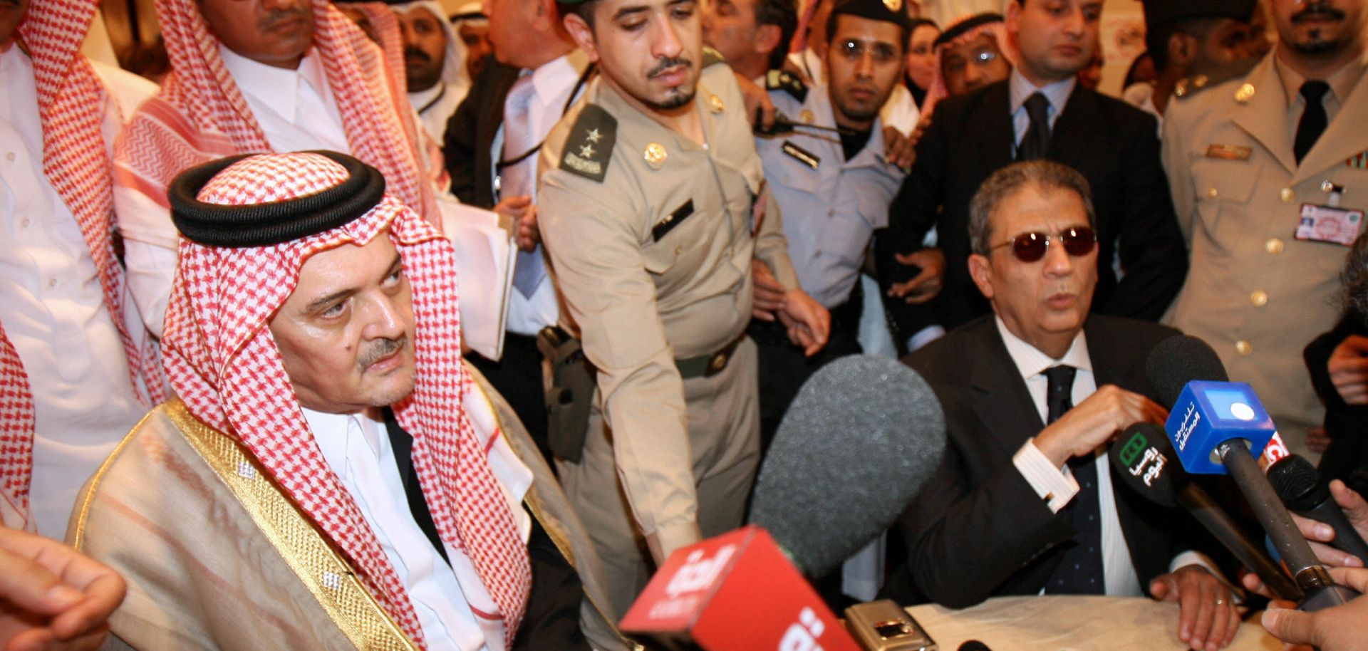 Saudi Foreign Minister Prince Saud al-Faisal and Arab League Secretary General Amr Mussa speak to the media.