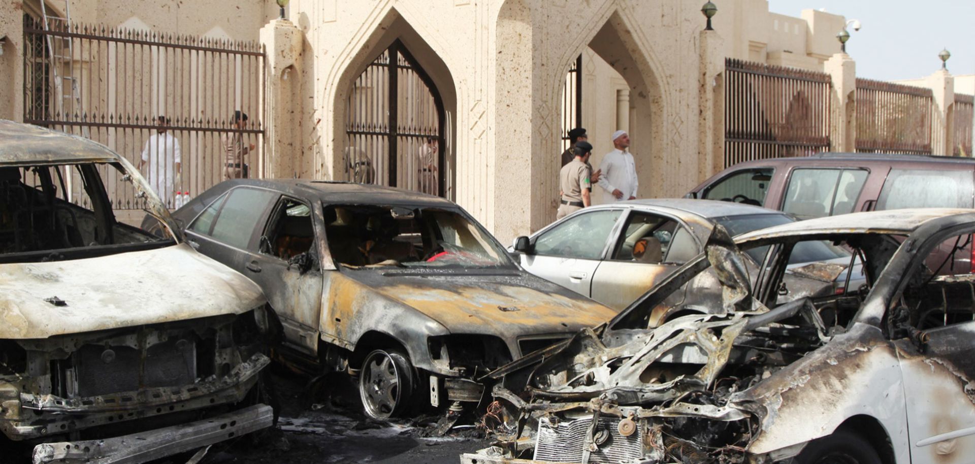 Saudi security forces inspect the site of an Islamic State suicide bombing that targeted a Shiite mosque in Dammam last year.