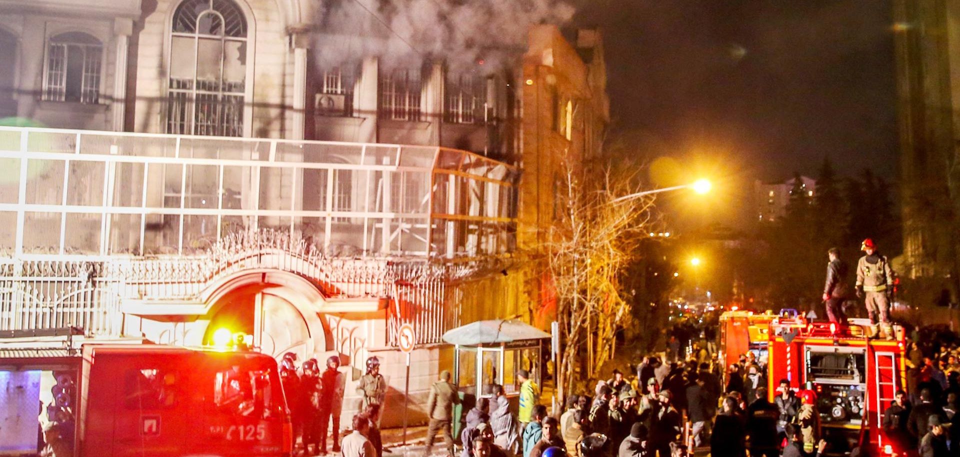 Iranian protesters set fire to the Saudi Embassy in Tehran on Jan. 2 during a demonstration against Saudi authorities' execution of prominent Shiite cleric Nimr al-Nimr.