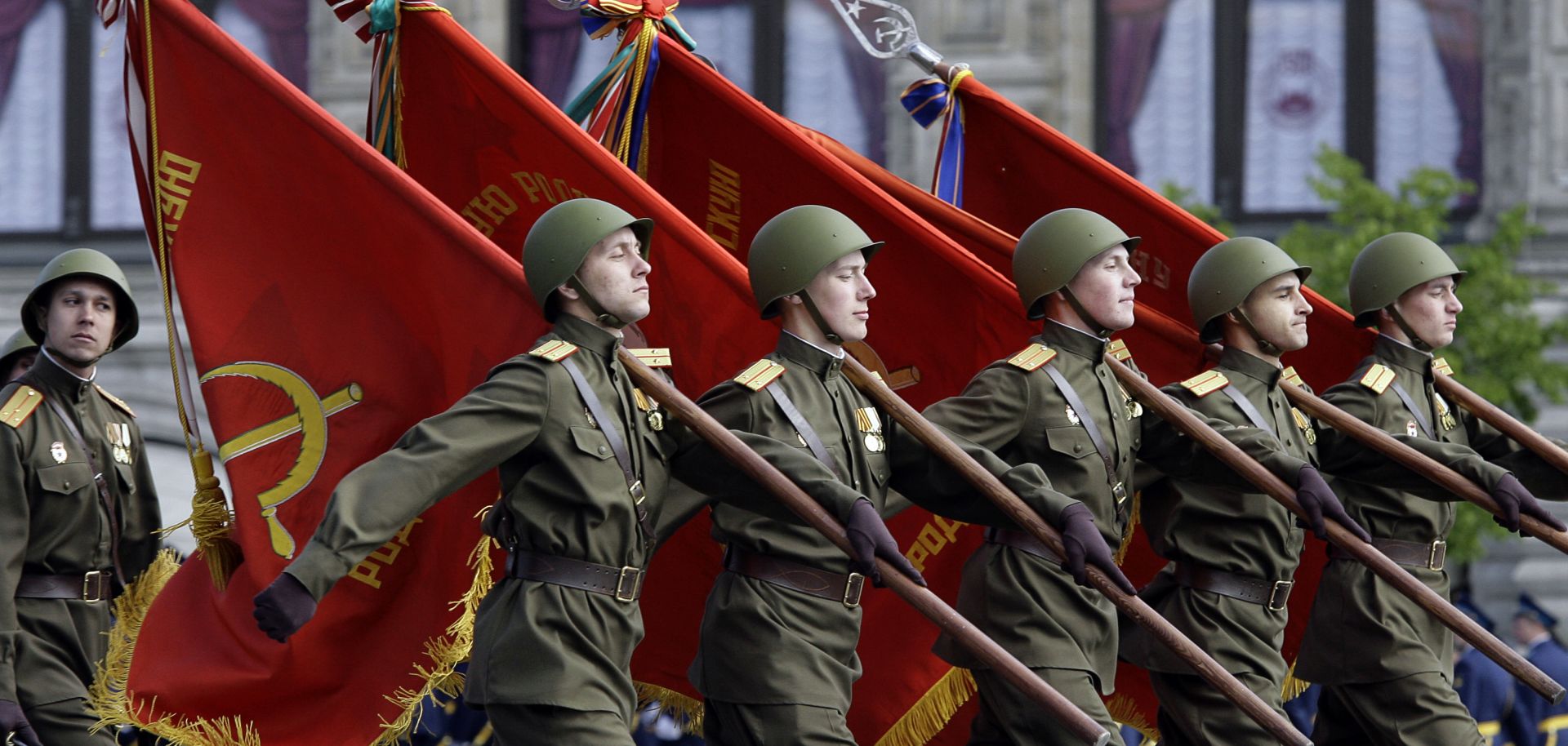 Soldiers march in the Victory Day military parade.