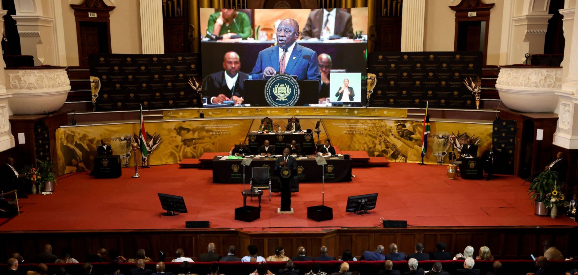 South African President Cyril Ramaphosa (center) delivers his 2023 state-of-the-nation address at the Cape Town City Hall on Feb. 9, 2023. 