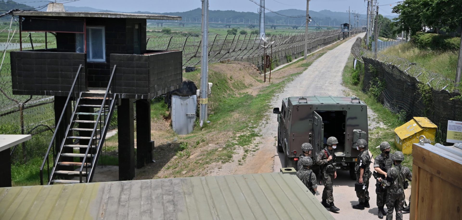 South Korean soldiers gather near a guard post in the border city of Paju, South Korea, on June 17, 2020.