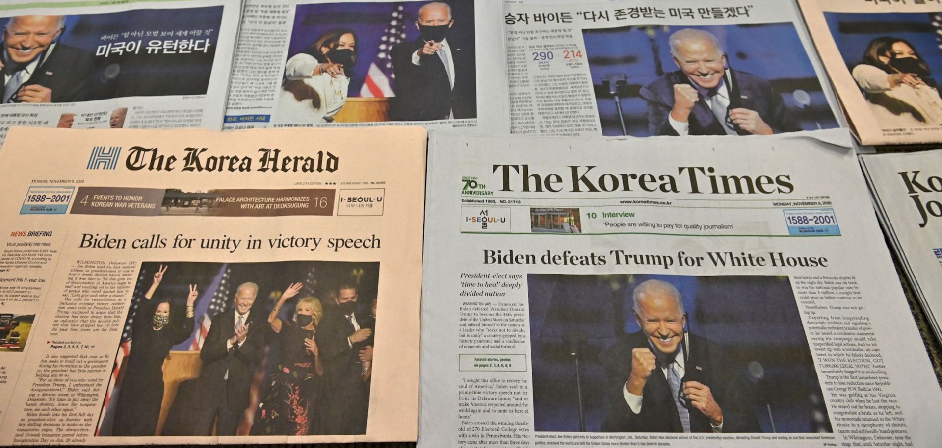 Photos and stories of U.S. President-elect Joe Biden dominate the headlines on the front pages of newspapers in Seoul, South Korea, on Nov. 9, 2020, 