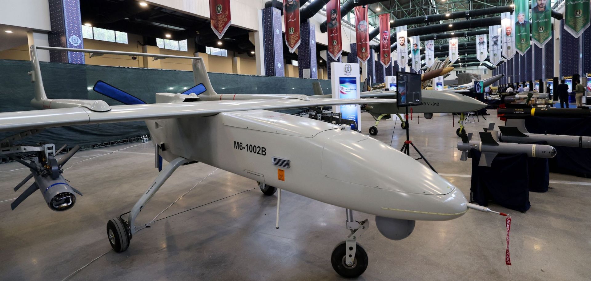 The Mohajer 6 drone is displayed on Aug. 23, 2023, in Tehran, Iran.