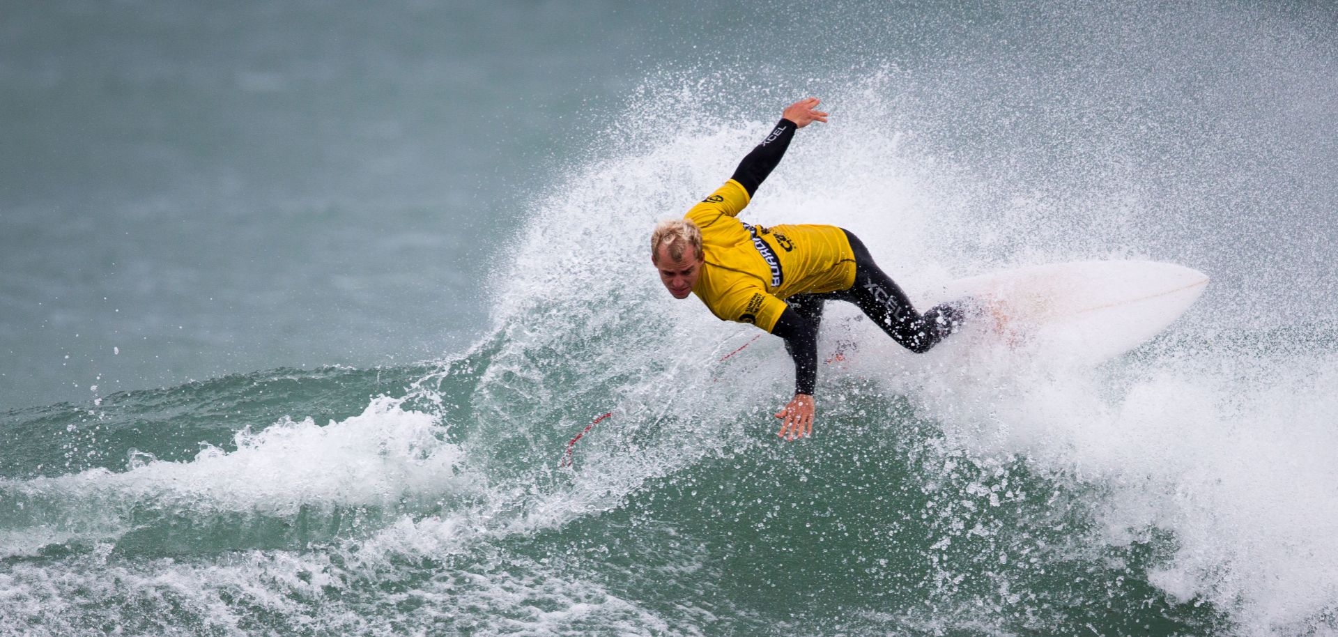 A surfer competes in Cornwall, England.
