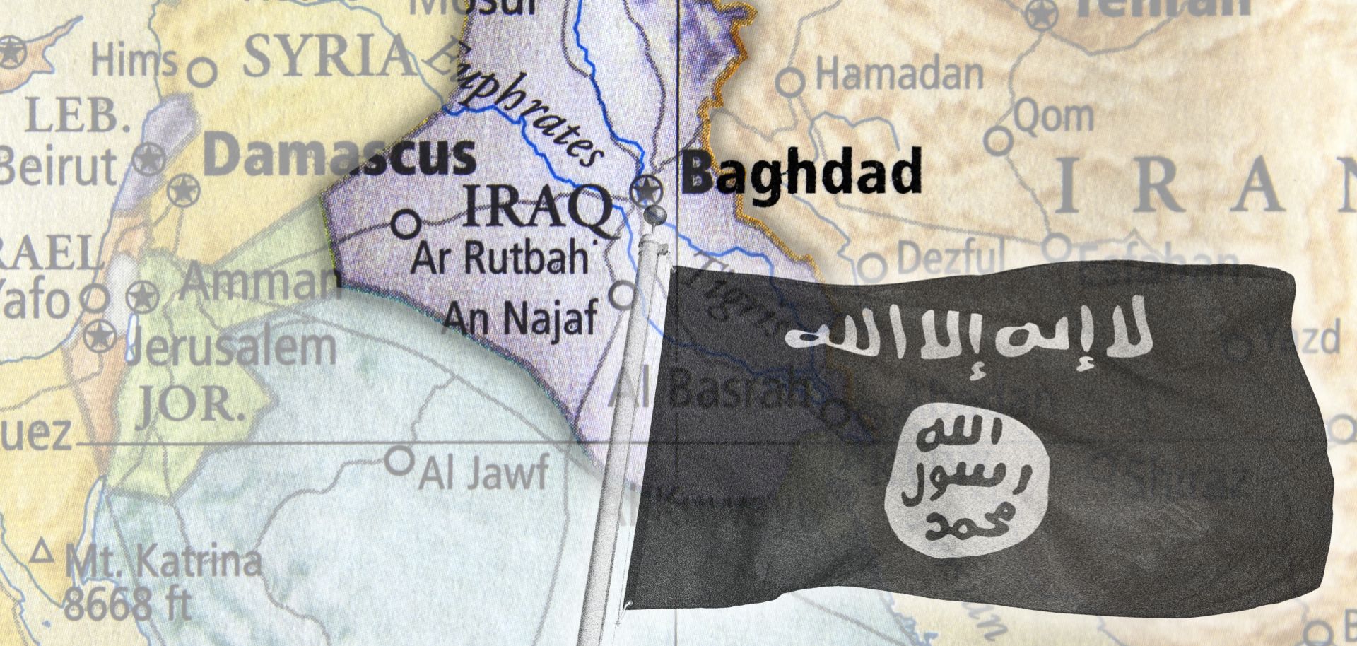 An image of the Islamic State flag overlays a map of Iraq.