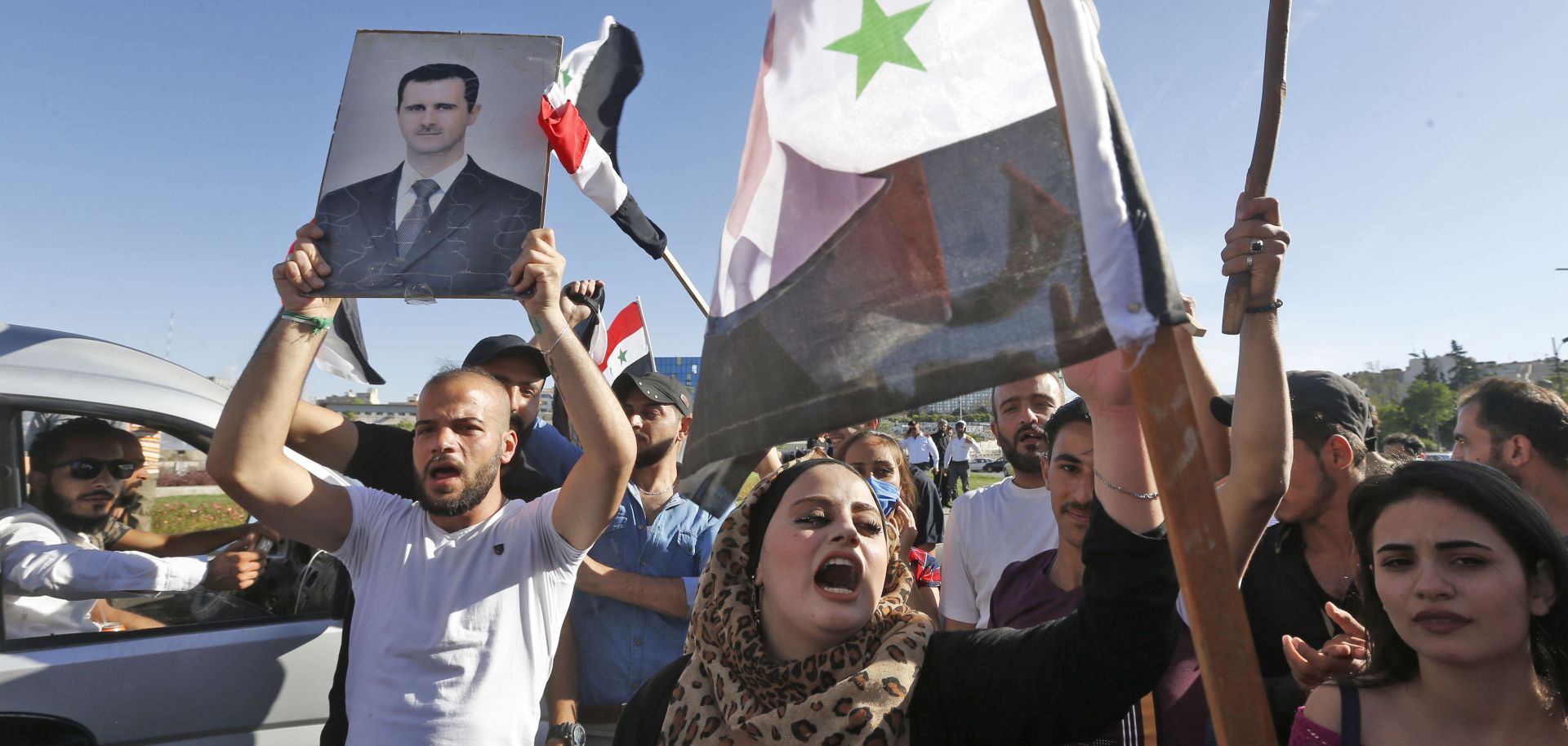 A rally in support of Syrian President Bashar al-Assad on June 11, 2020, at Umayyad Square in Damascus, Syria.