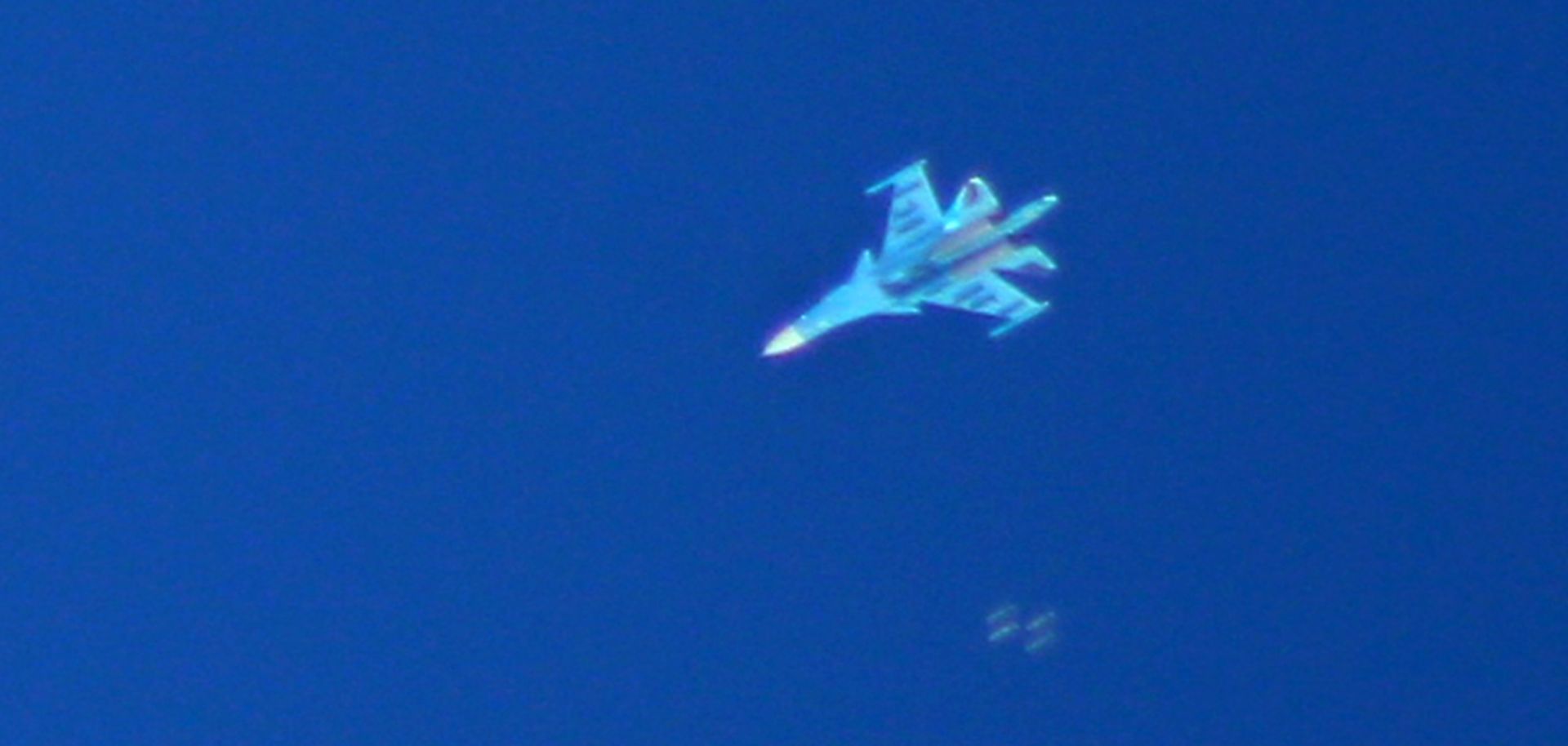 A Russian Sukhoi Su-34 fighter drops bombs over the Syrian village of Kafr Ain in the southern countryside of Idlib province on Sept. 7.