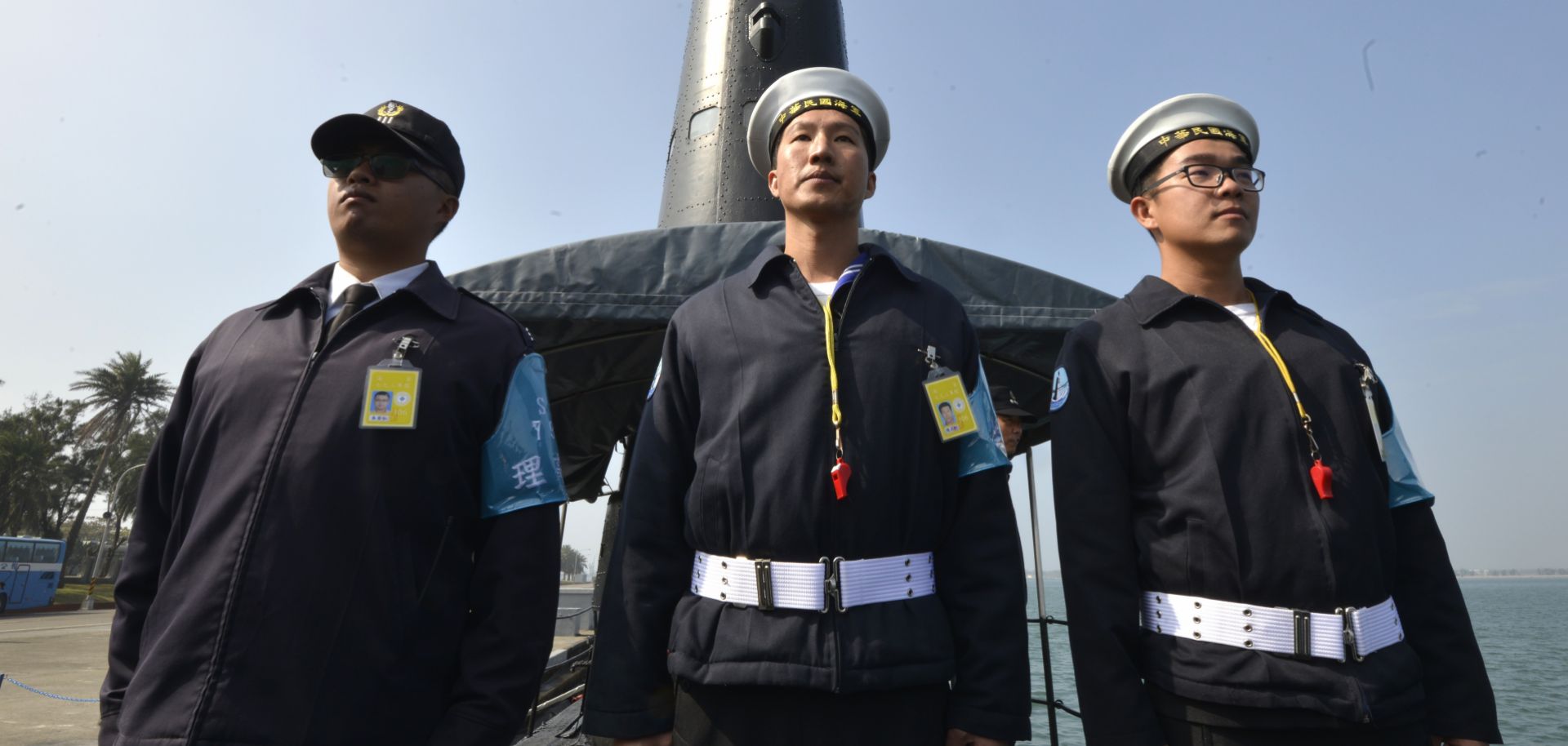 In this photograph, Taiwanese sailors stand on a U.S.-made Guppy-class submarine in southern Taiwan on Jan. 18, 2017.