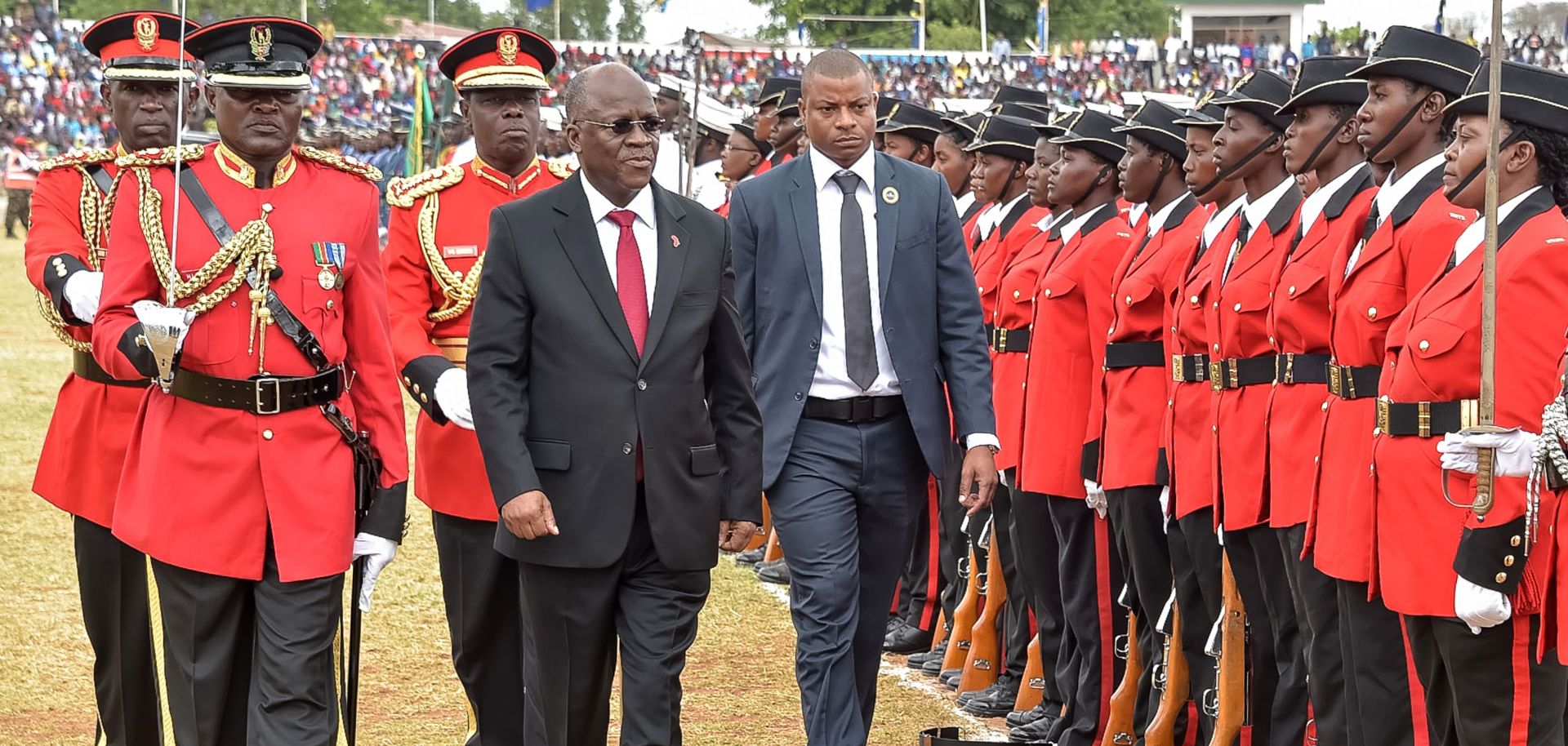 Tanzanian President John Magufuli reviews an honor guard on Dec. 9, 2017, as he attends a ceremony marking the 56th anniversary of his country’s independence.