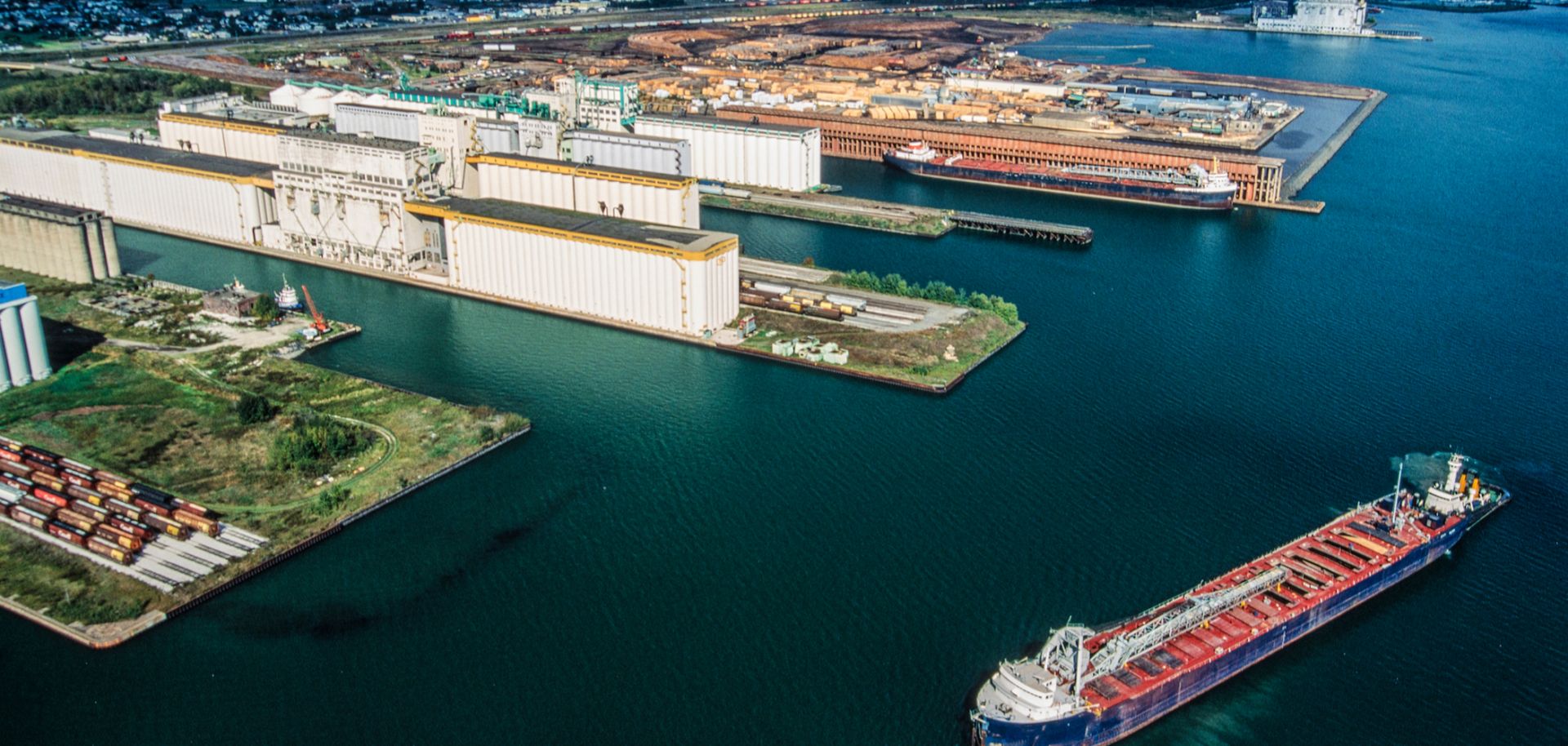 Container ships load up and set off from Thunder Bay, Ontario, on Lake Superior.