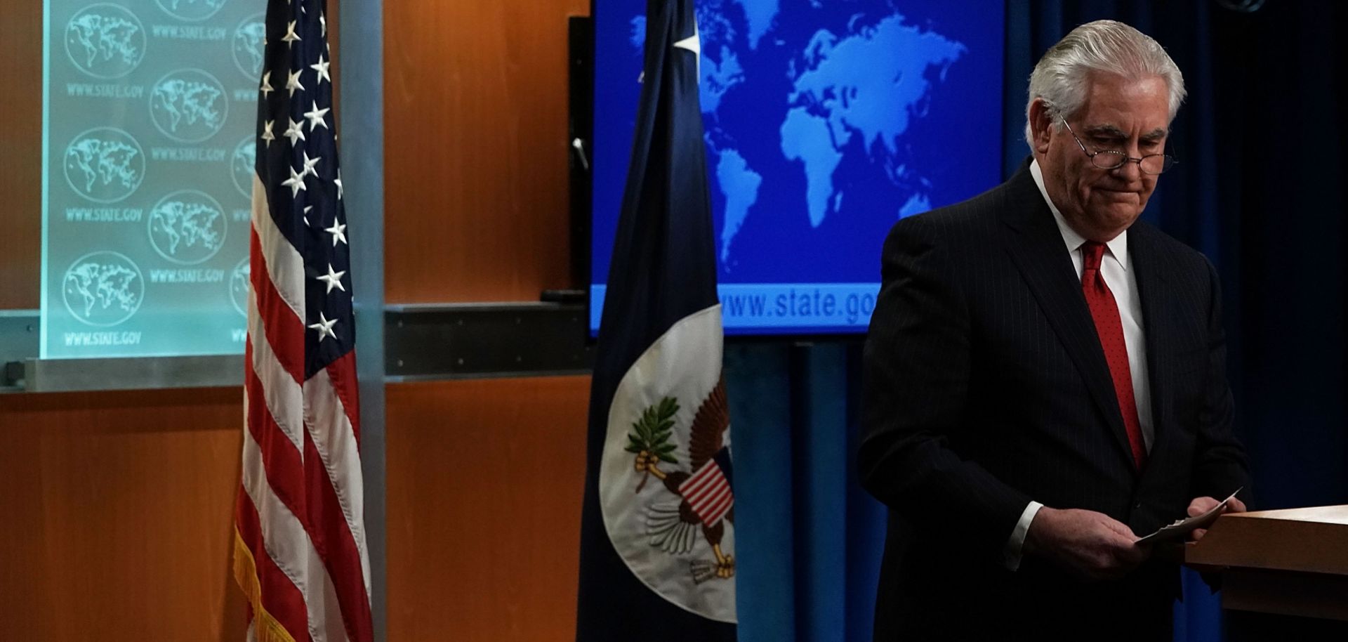 U.S. Secretary of State Rex Tillerson leaves the podium after a news conference at the State Department in Washington on March 13, 2018.