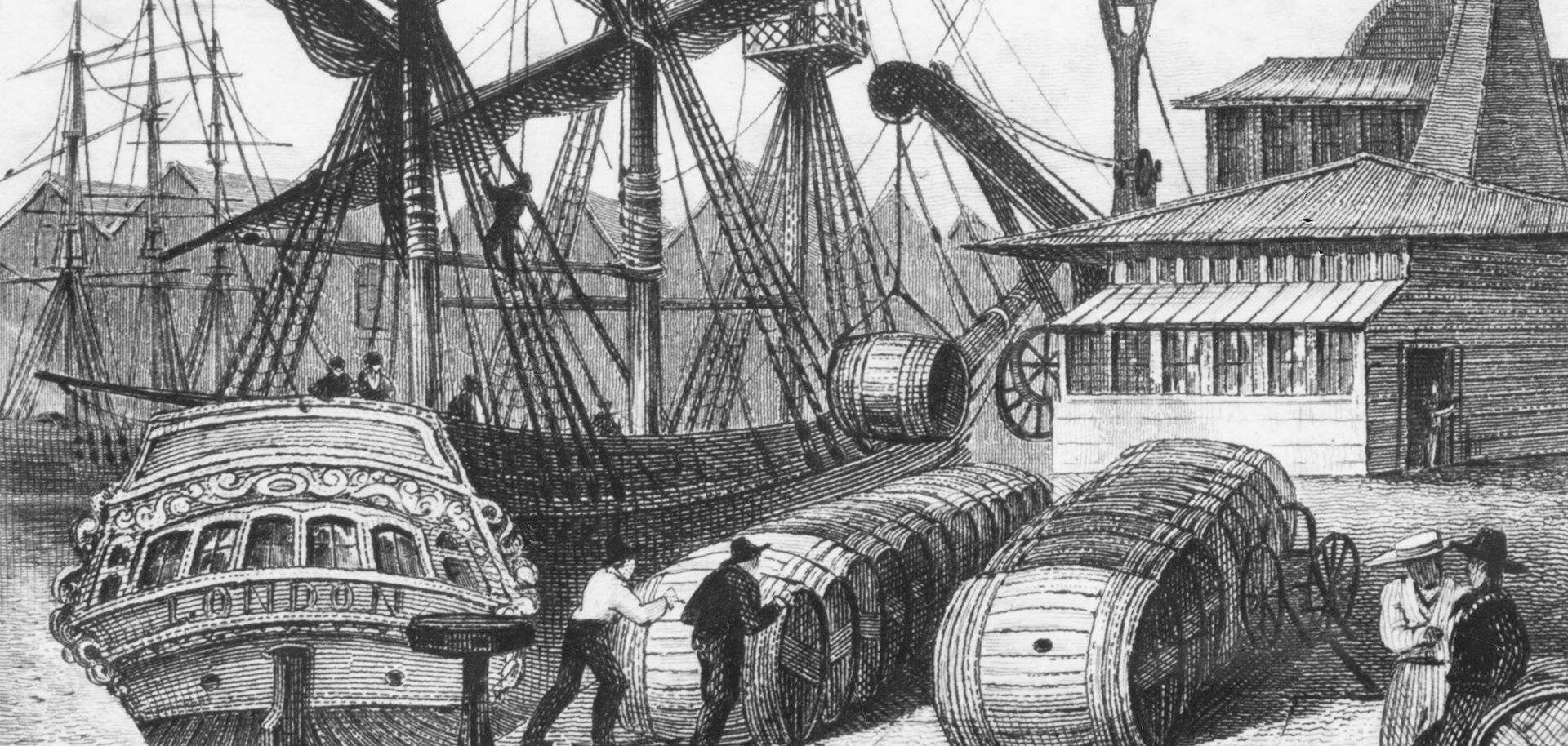 Barrels of sugar from the West Indies are unloaded from a ship at Bristol Quay, England, circa 1825. 