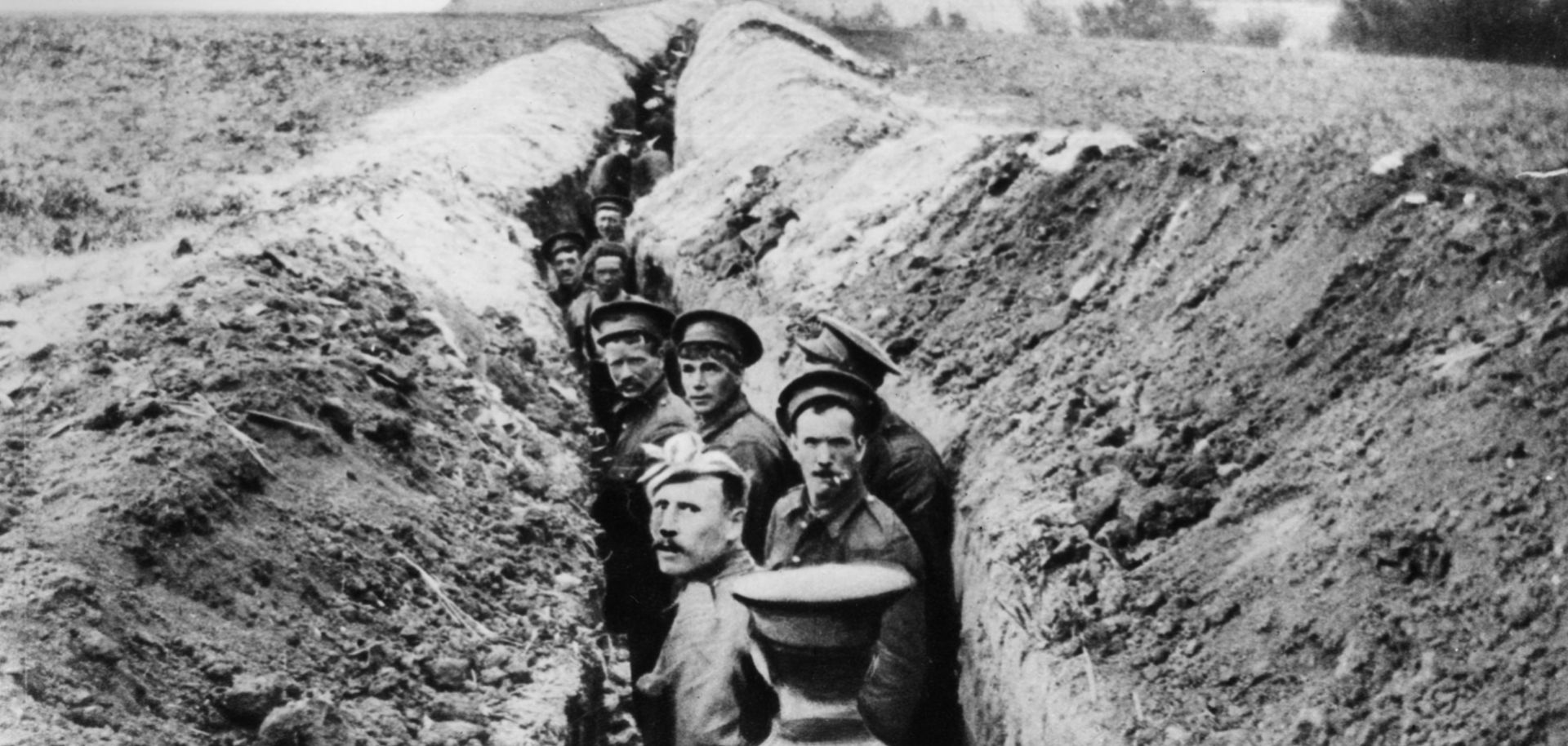 British soldiers in an early trench on the Western Front, October 1914.